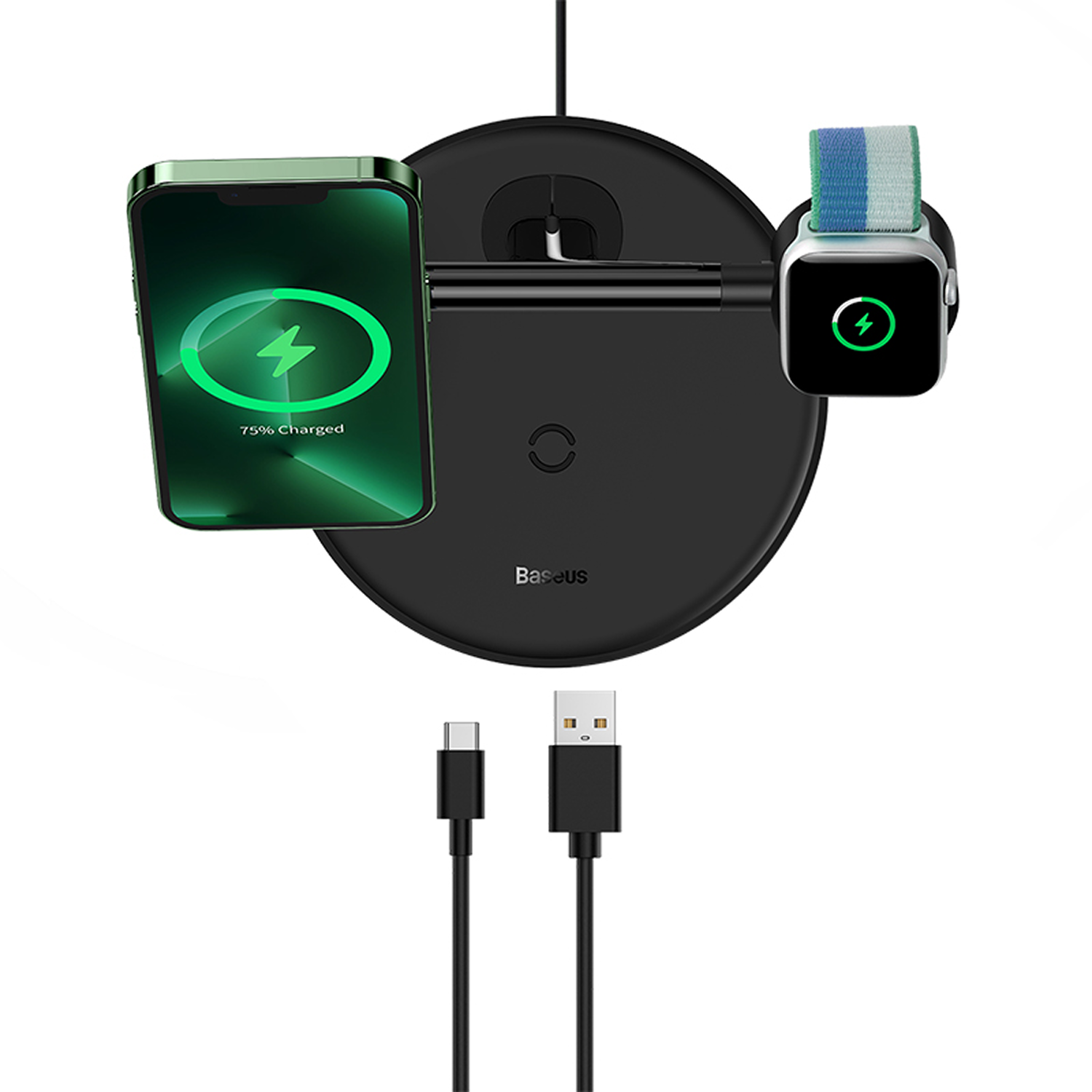 Cargador negro 3 en 1 con iPhone y Apple Watch.