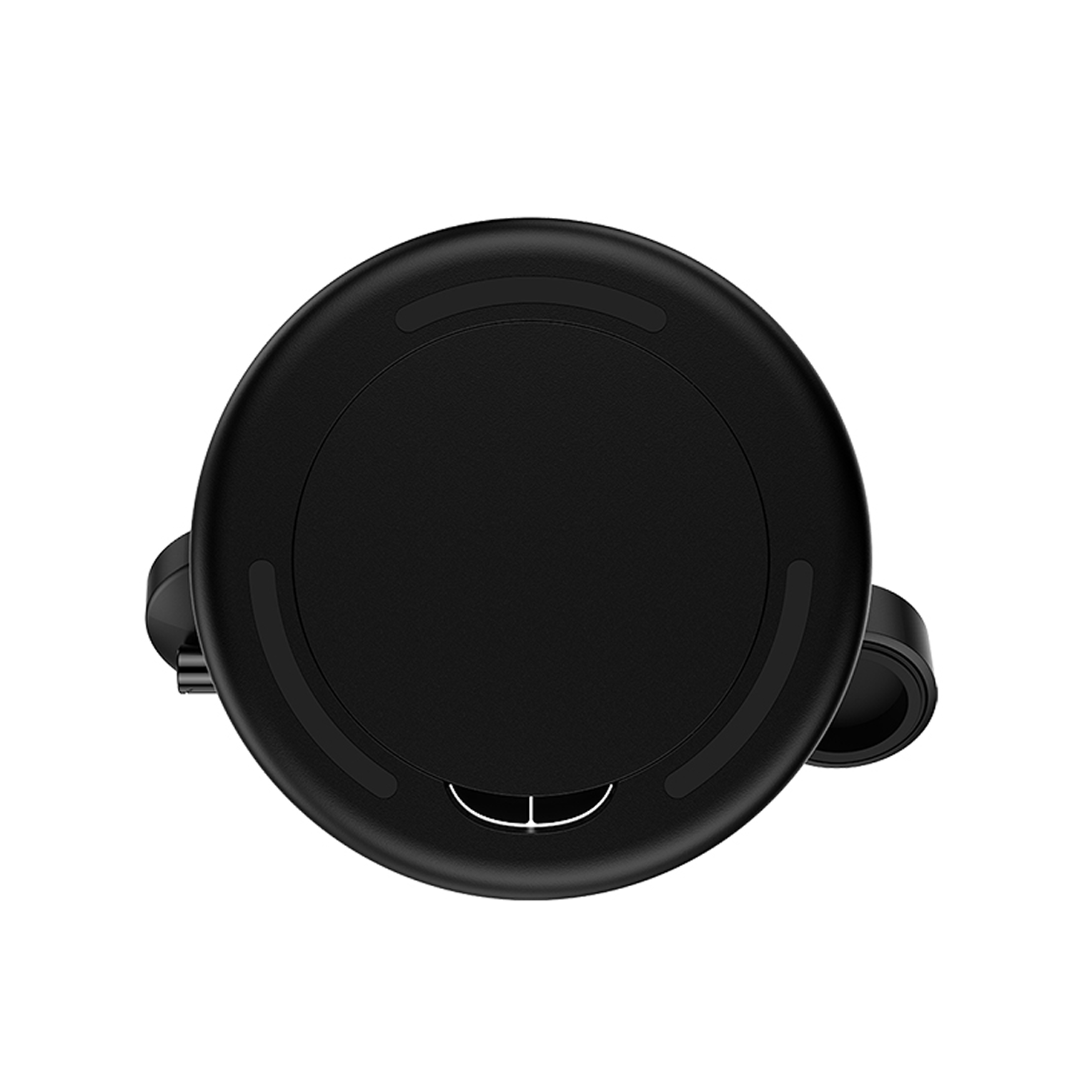 Adaptador de carga redondo negro con dos soportes, aislado en blanco.