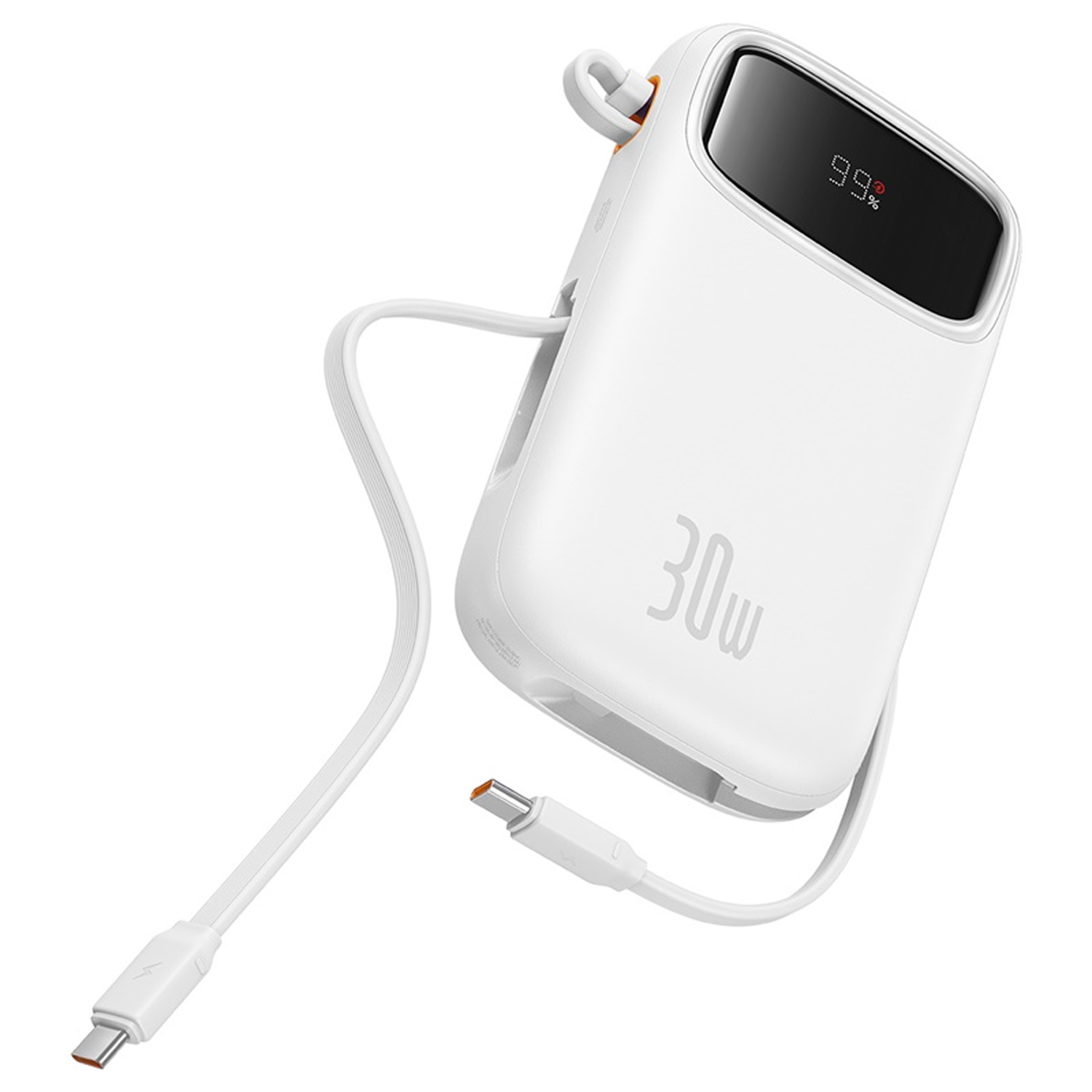 Una batería externa blanca con pantalla digital que muestra 99% y 