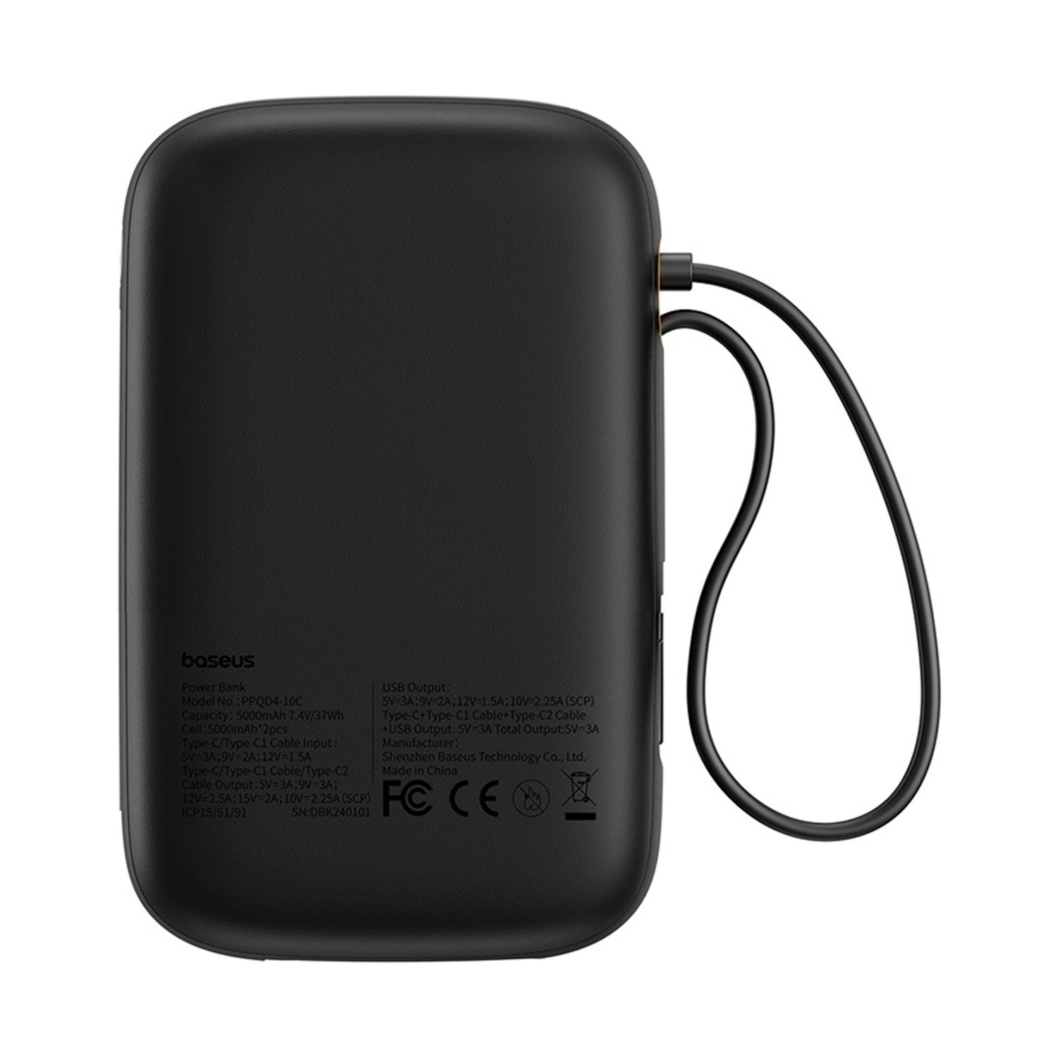 Batería externa Baseus negra con cordón, detalles técnicos al reverso.