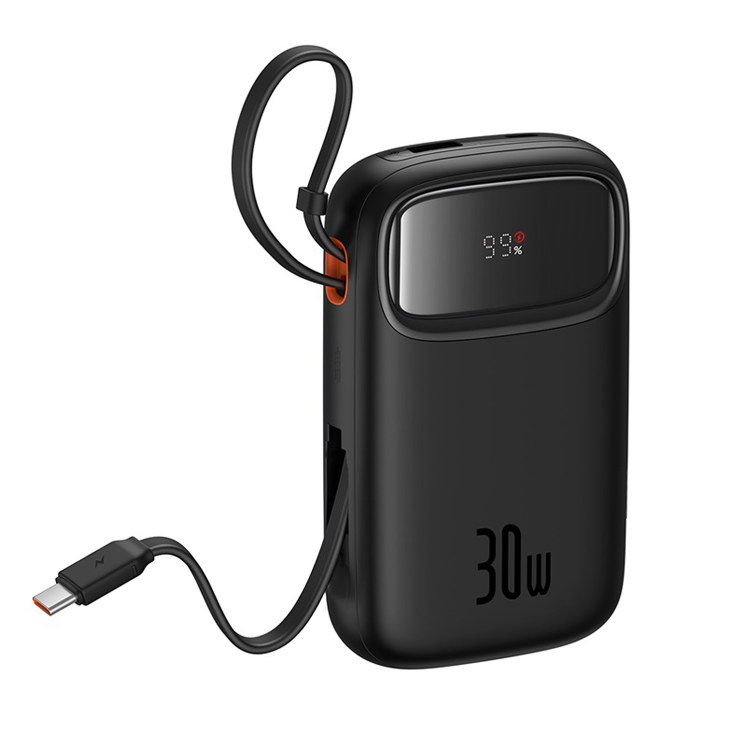 Batería externa negra de 30W con cordón y cable USB-C, muestra 99% de carga.