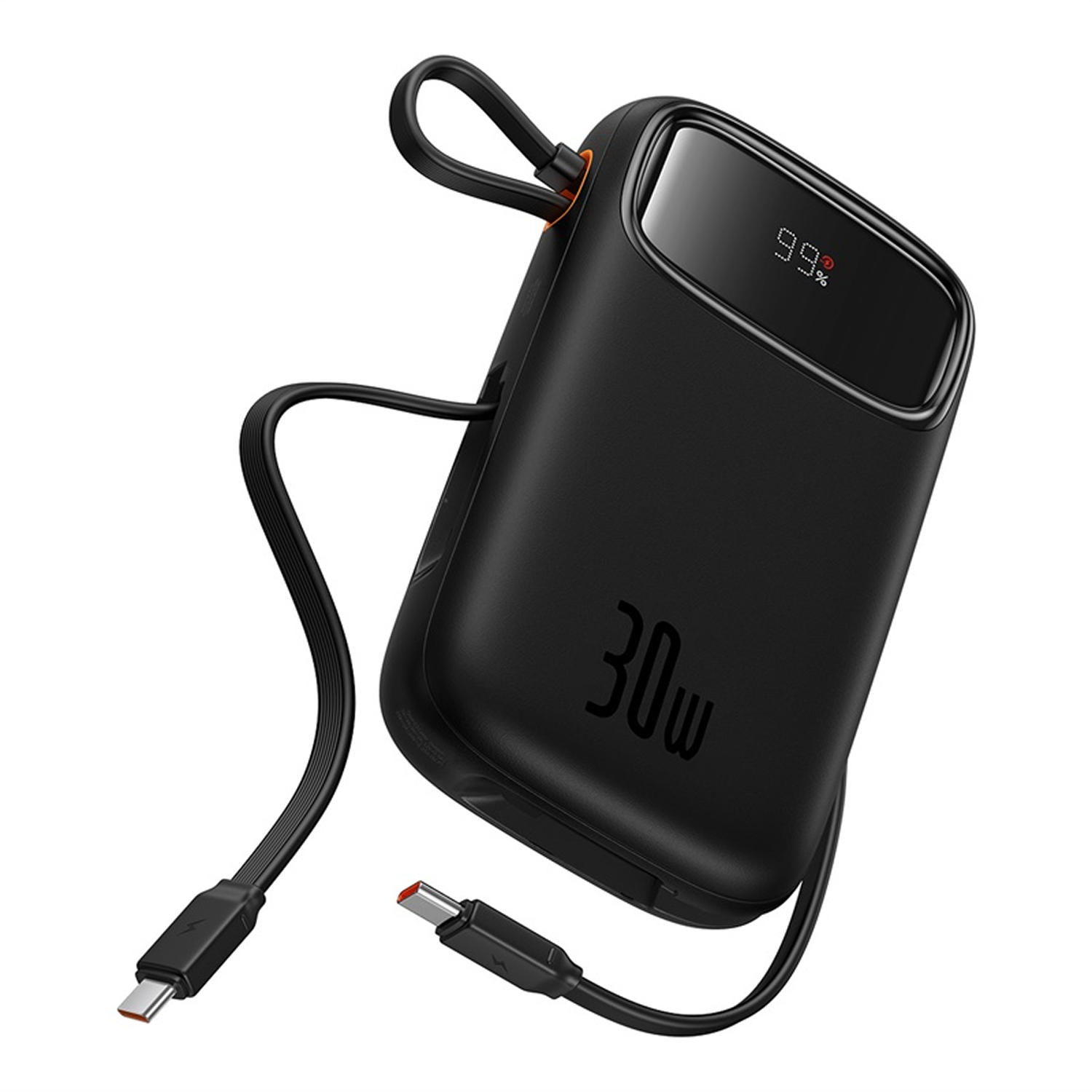 Power bank negra de 30W con 99% de carga, con cable USB-C.