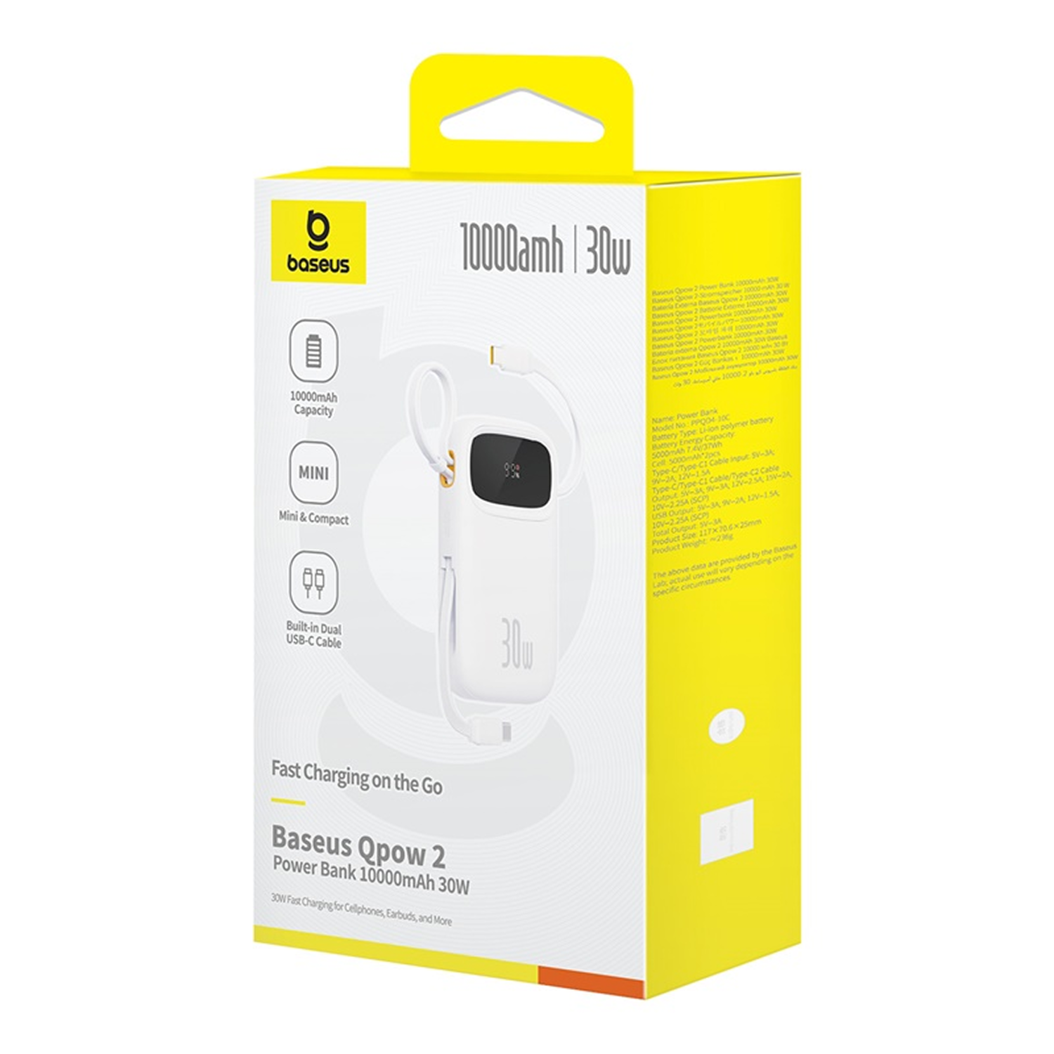 Embalaje de un Power Bank Baseus Qpow 2 blanco, 10000mAh con carga rápida de 30W.