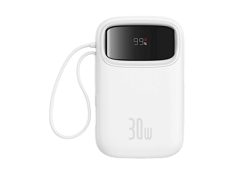 Powerbank - Baseus Qpow 2, 10000 mAh, 30W, Doble cable retráctil, Carga simultánea ultrarrápida, USB-C, Con pantalla, Blanco Moon