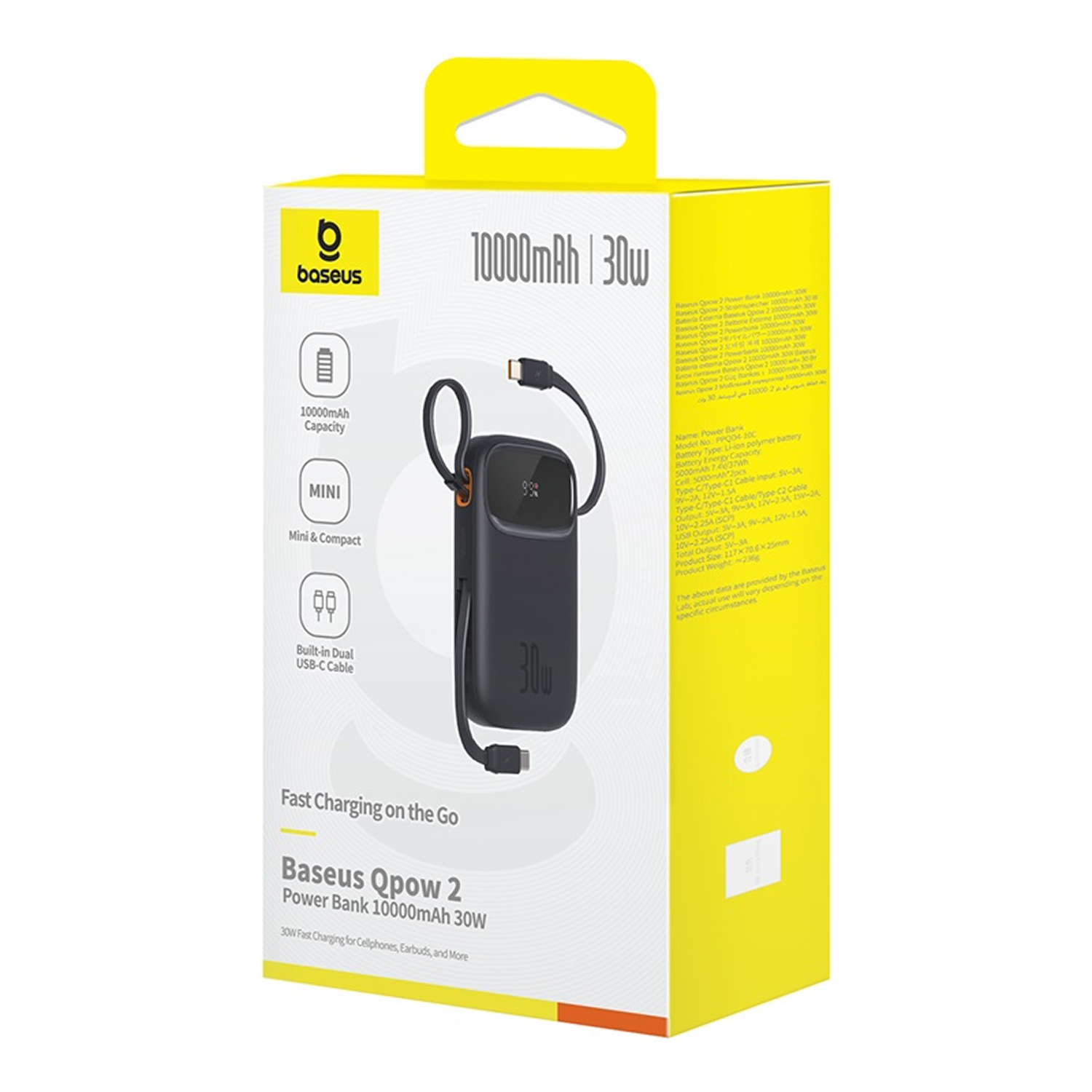 Empaque de Power Bank Baseus Qpow 2 10000mAh 30W con imagen del producto y especificaciones.