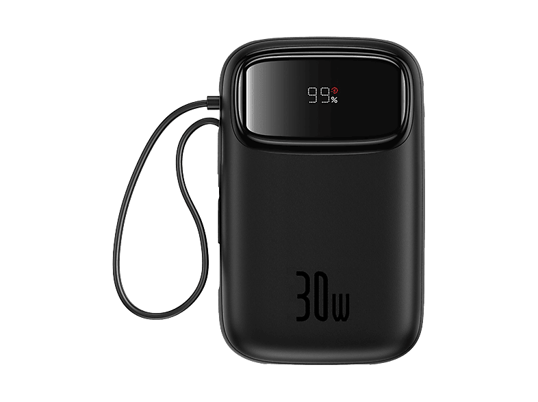Powerbank - Baseus Qpow 2, 10000 mAh, 30W, Doble cable retráctil, Carga simultánea ultrarrápida, USB-C, Con pantalla, Negro Cluster