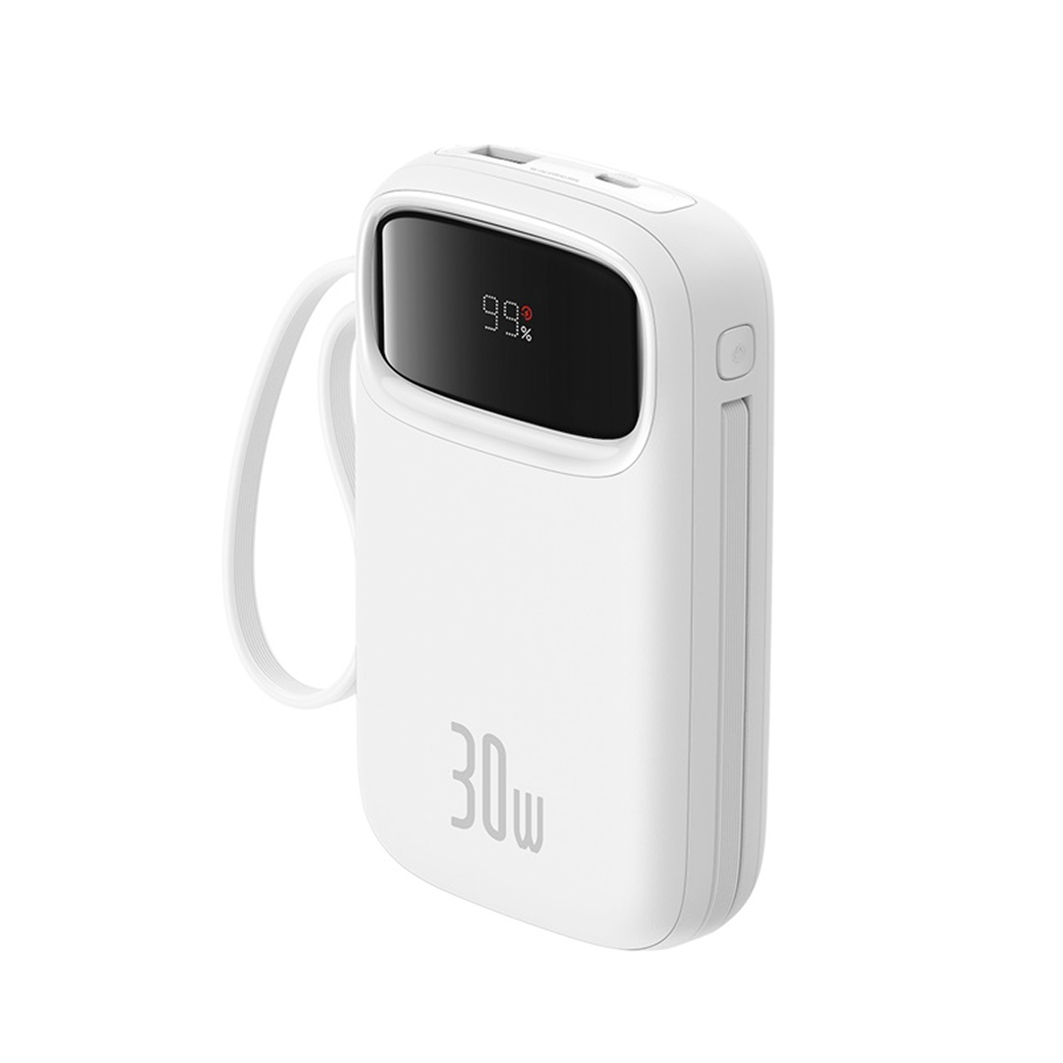 Cargador blanco con indicador de batería del 99% y marca de 30W.