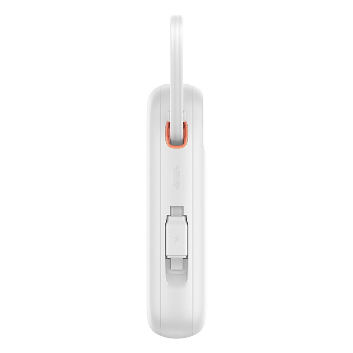 Batería externa blanca con correa naranja y puerto USB.
