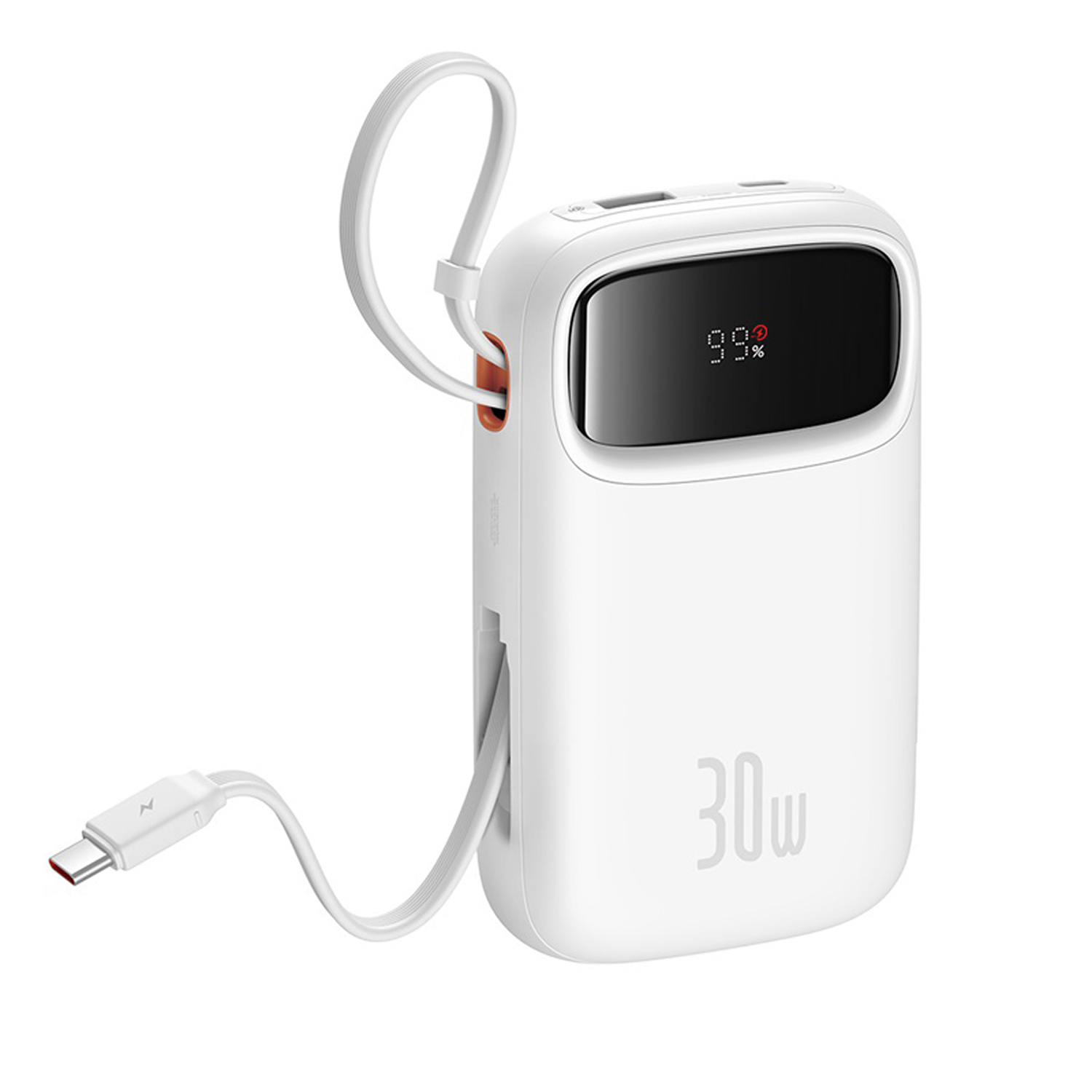 Una batería externa blanca de 30W con pantalla digital (99%) y cable USB-C.