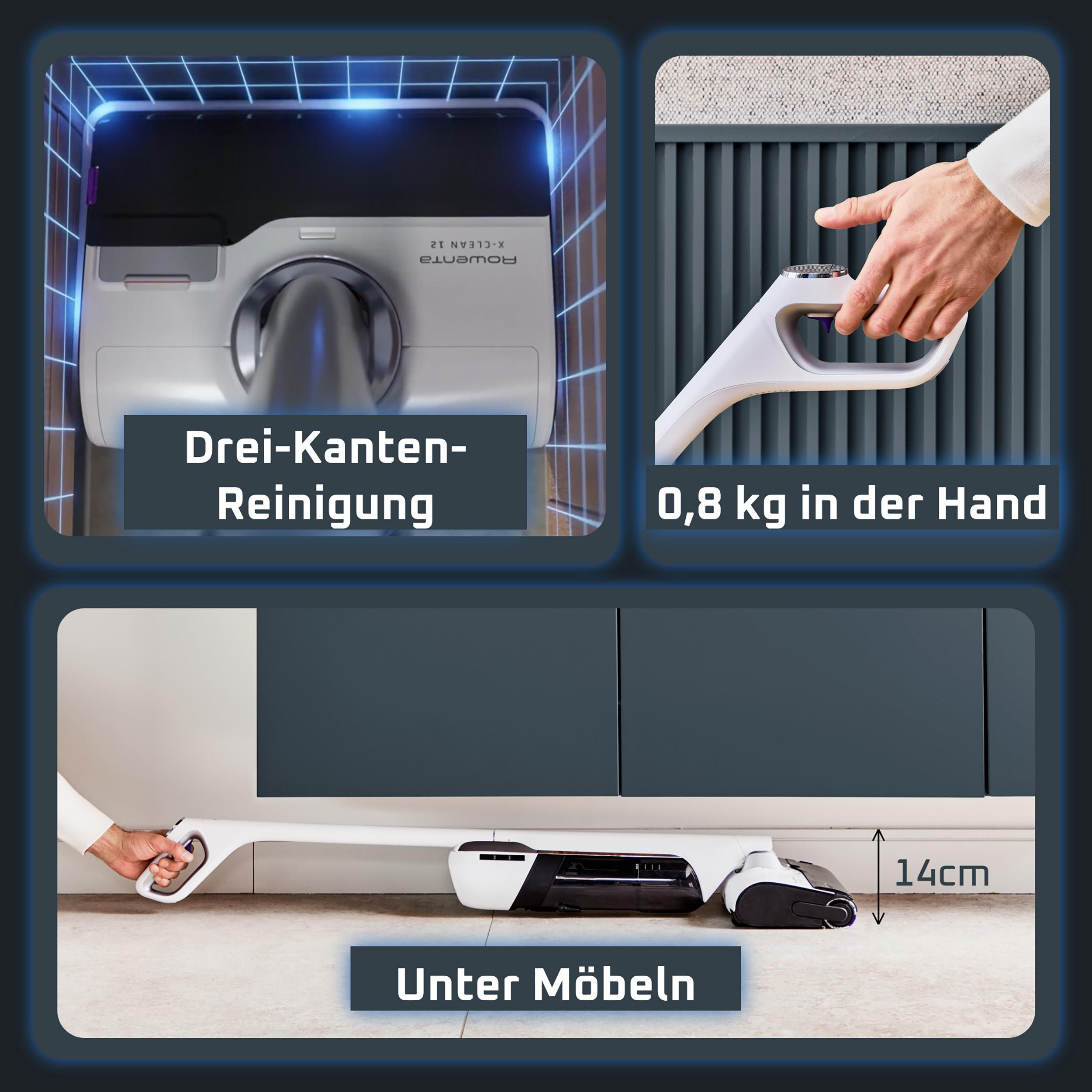 Rowenta X-Clean 12: 3-sided edge cleaning, 0.8kg in hand, under furniture (14cm).