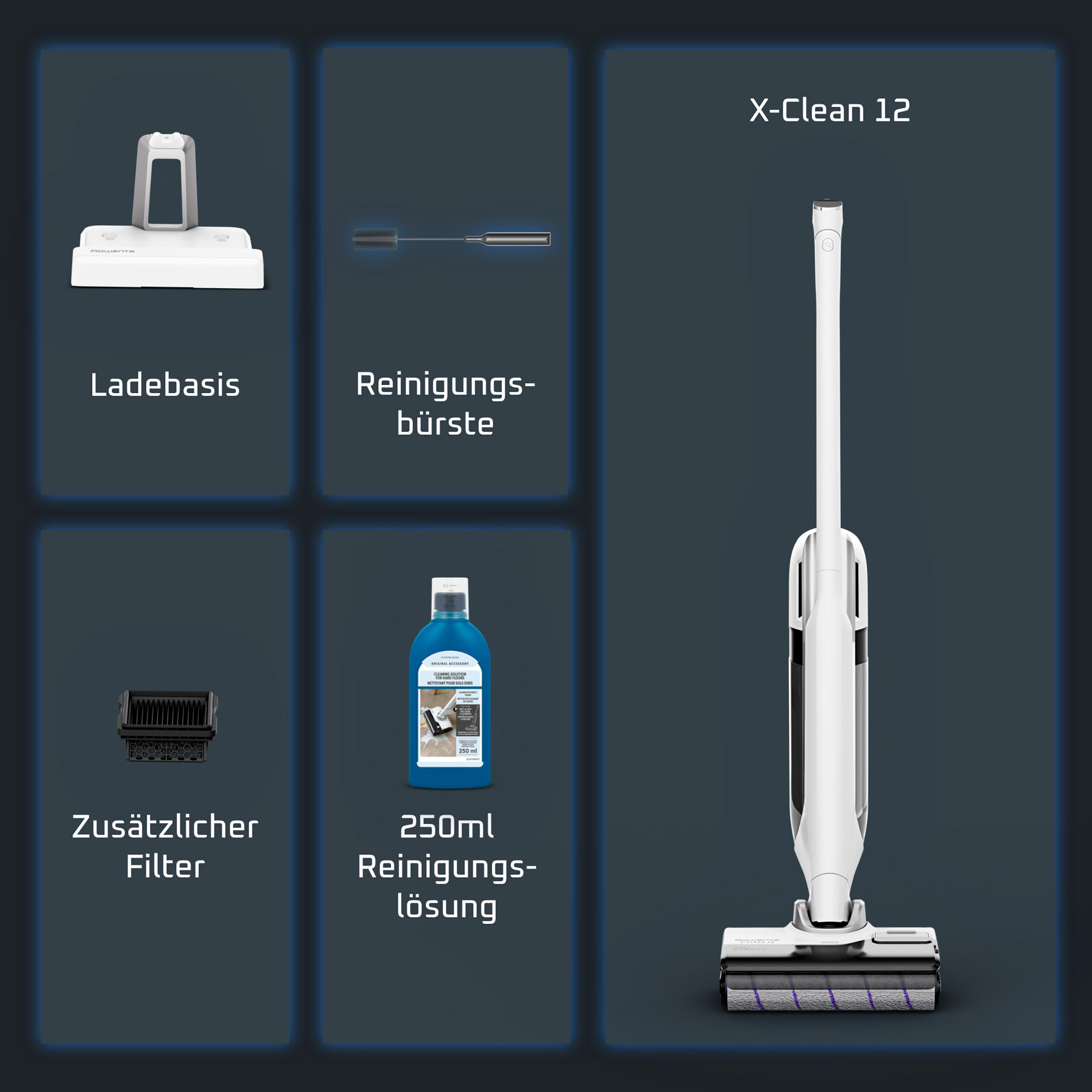 X-Clean 12 Staubsauger mit Zubehör: Ladestation, Bürste, Filter, Reinigungslösung.