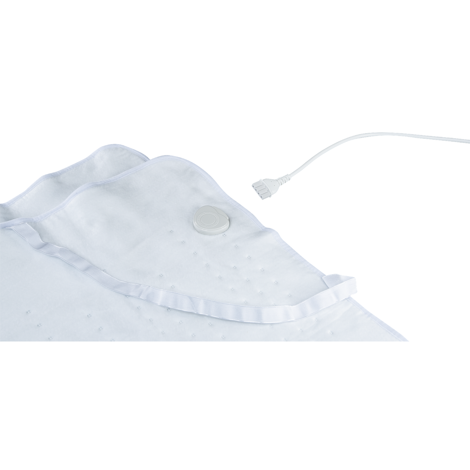A white heated blanket with a detachable cord and a round connector.