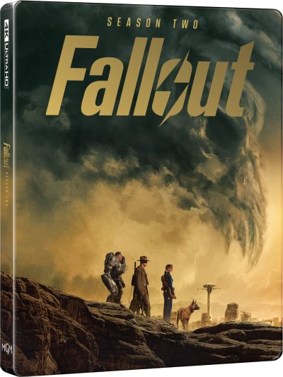 Steelbook Fallout Saison Deux. Trois personnes et un chien sur un affleurement rocheux.