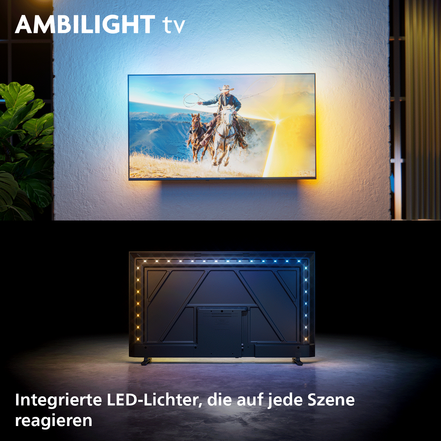 Ein Ambilight TV mit Cowboy-Szene auf dem Bildschirm und LEDs auf der Rückseite.