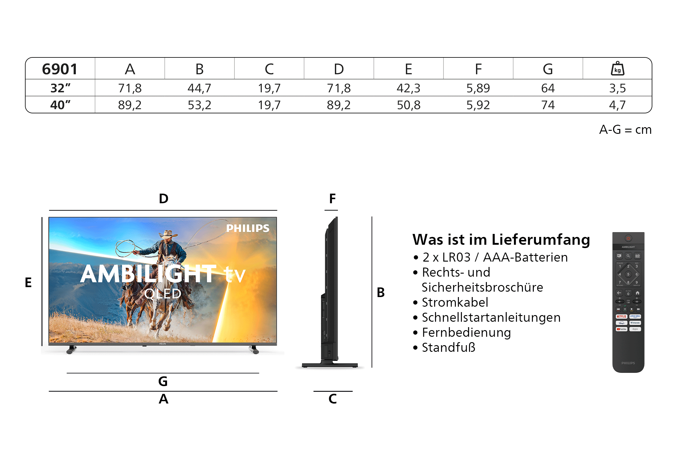 Technische Maße und Lieferumfang eines Philips Fernsehers.