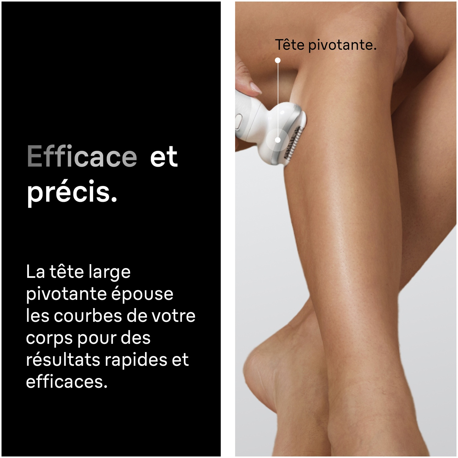 Un épilateur blanc à tête pivotante est utilisé sur la jambe d'une femme.