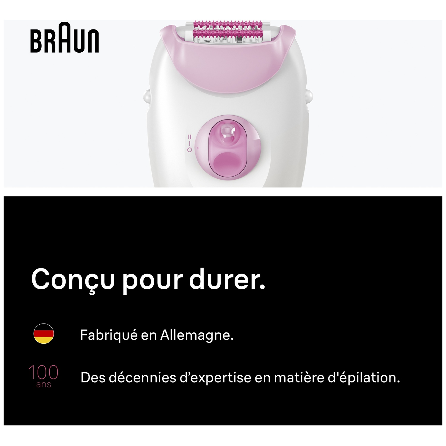 Épilateur Braun, blanc et rose, avec accessoire rose. Fabriqué en Allemagne.