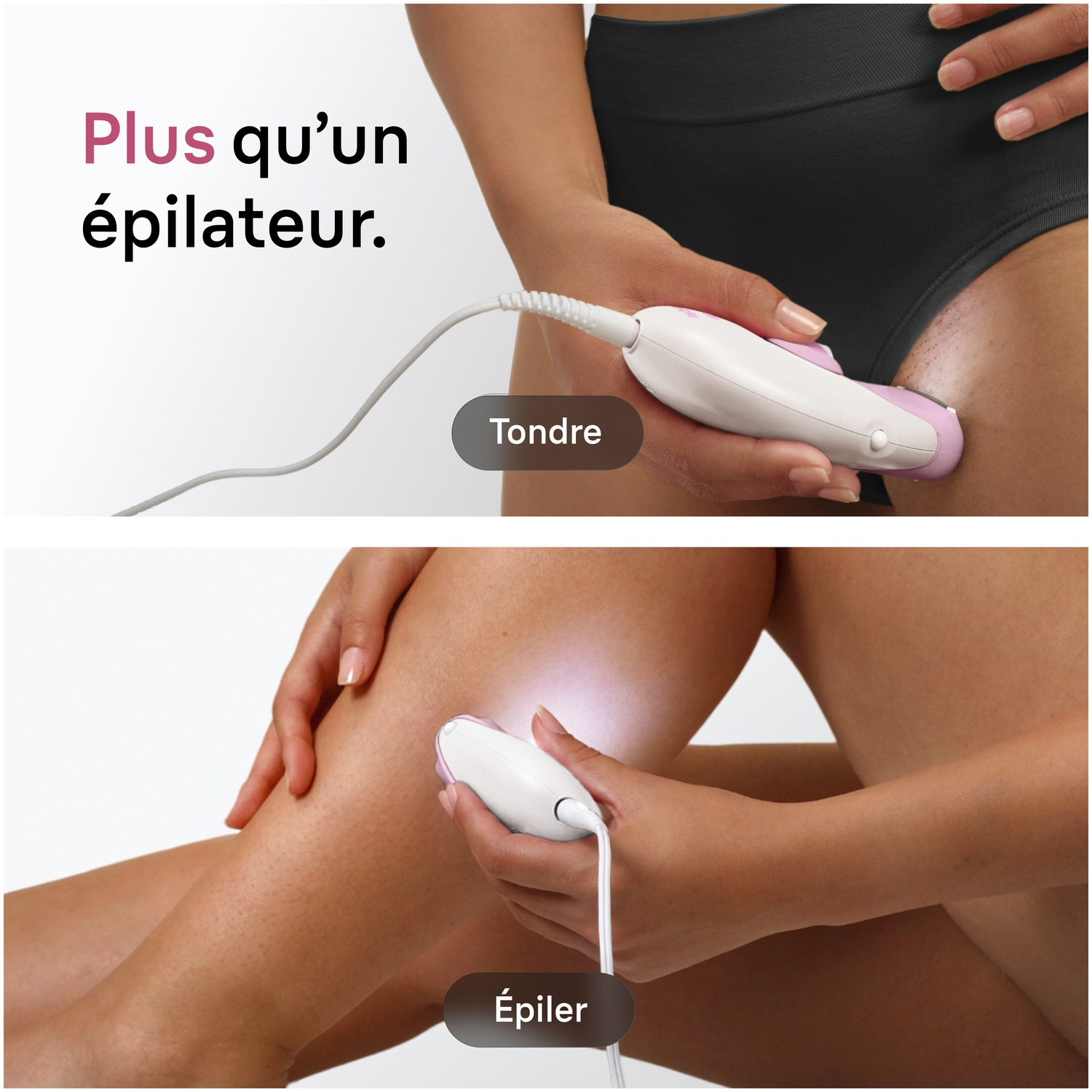 Une personne utilise un épilateur sur sa jambe et le maillot.