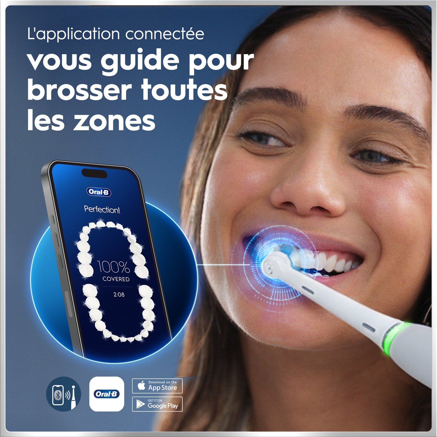 Femme avec brosse à dents électrique, l'appli montre 100% couvert.
