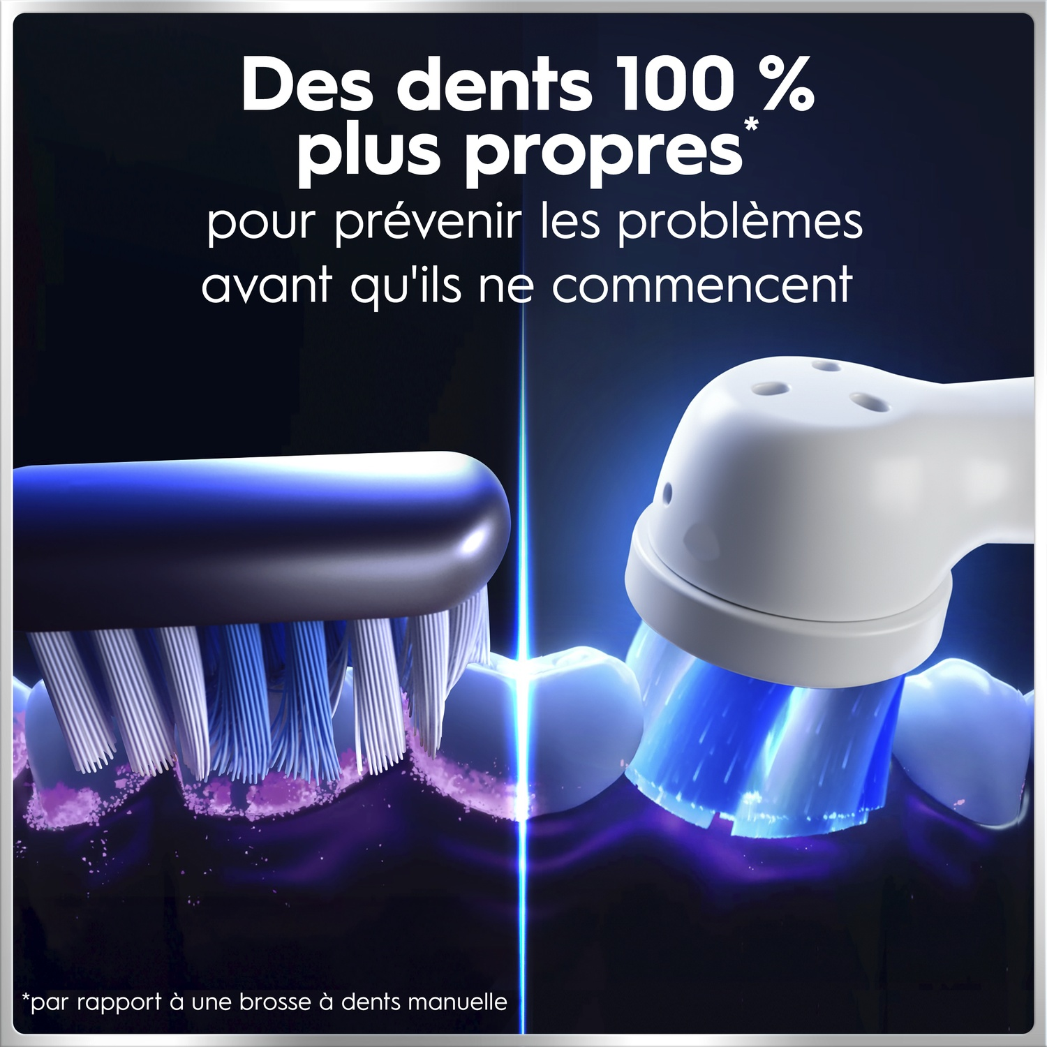 Brosse à dents électrique nettoie les dents, particules violettes sur fond sombre.