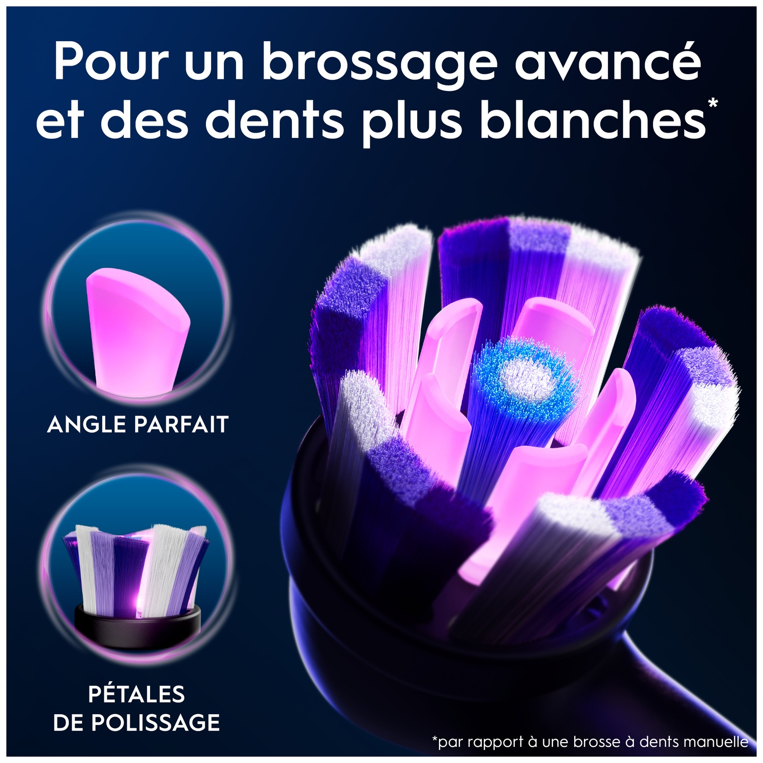 Tête de brosse à dents électrique avec poils violets et blancs. Angle parfait.