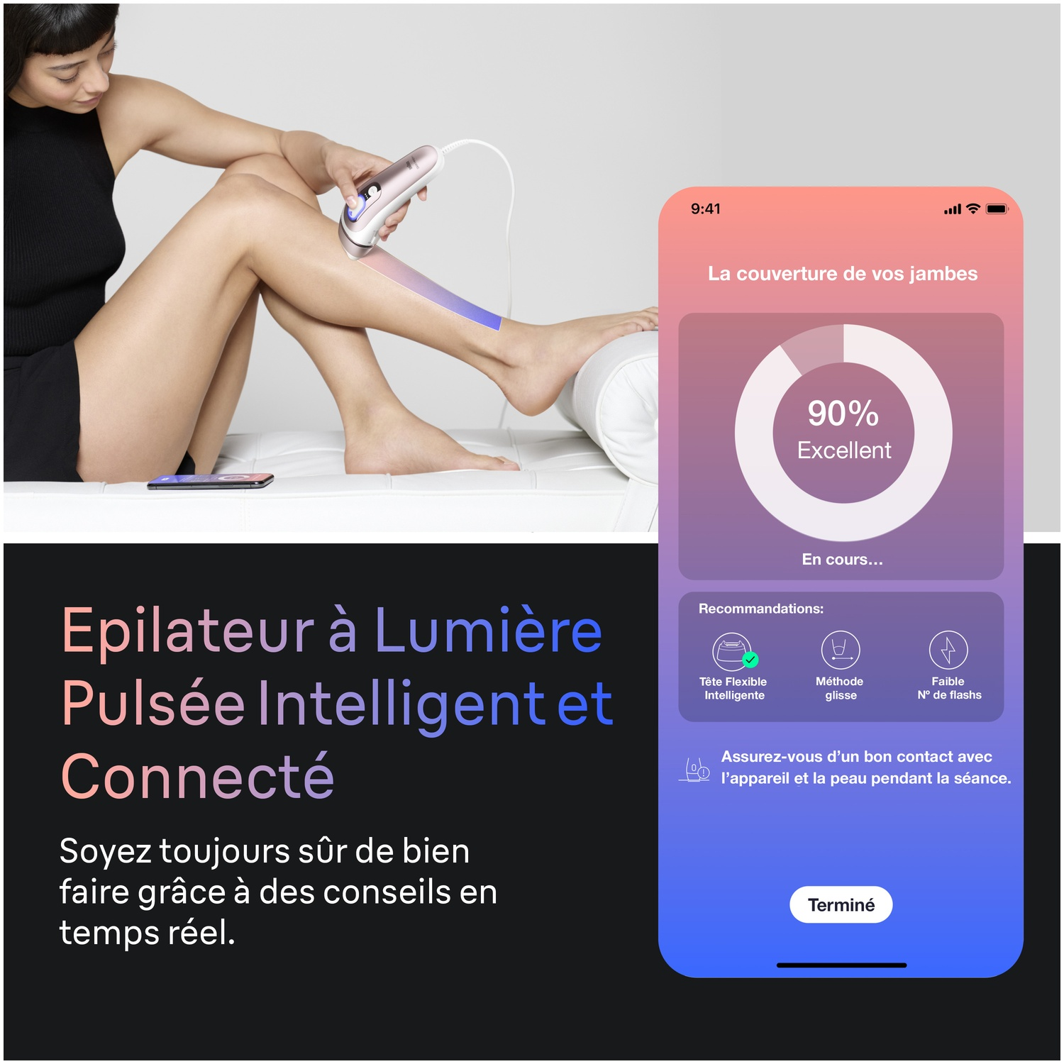 Une femme utilise un épilateur IPL sur sa jambe, une application montre la couverture.
