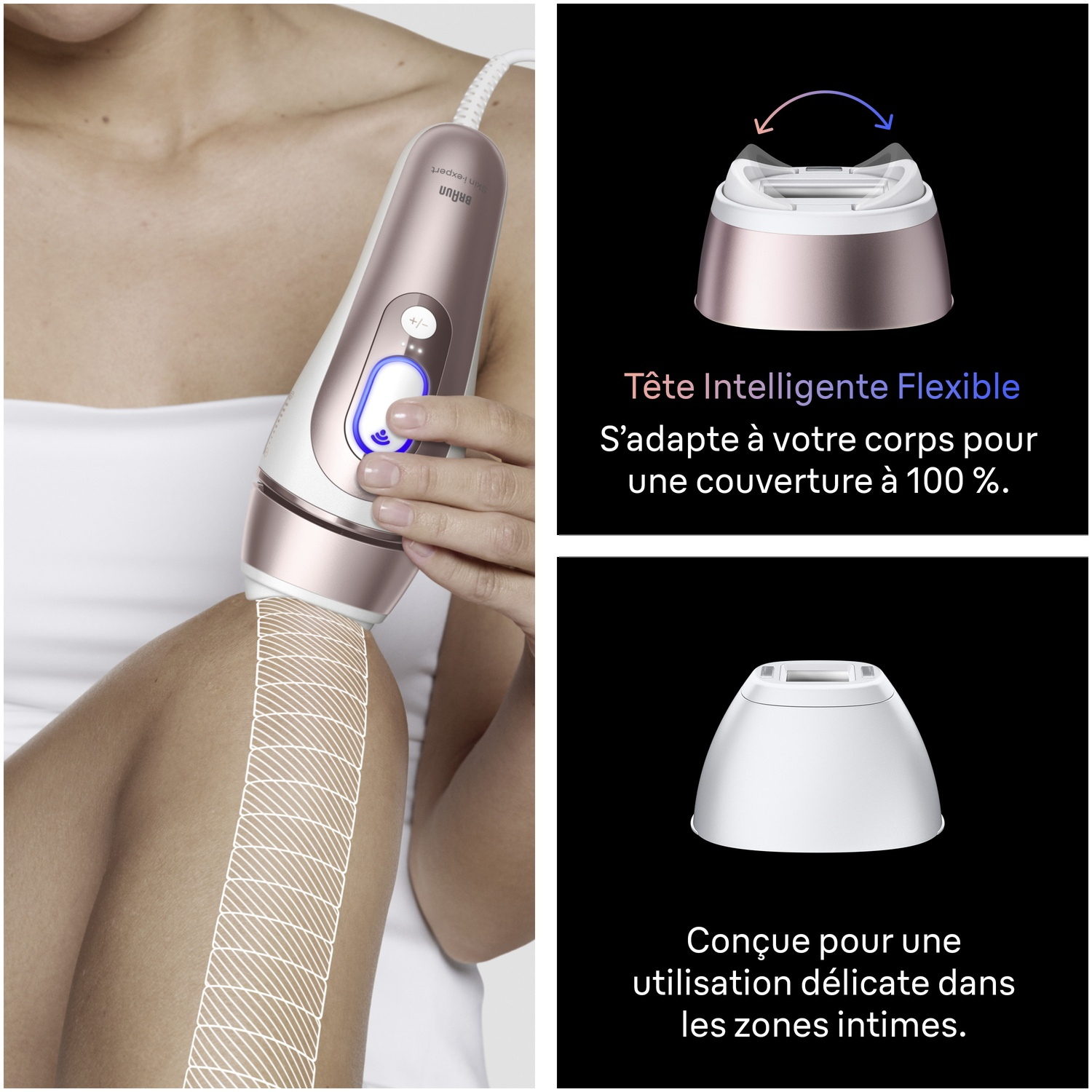 Un appareil rose doré et blanc est utilisé sur la jambe d'une personne.