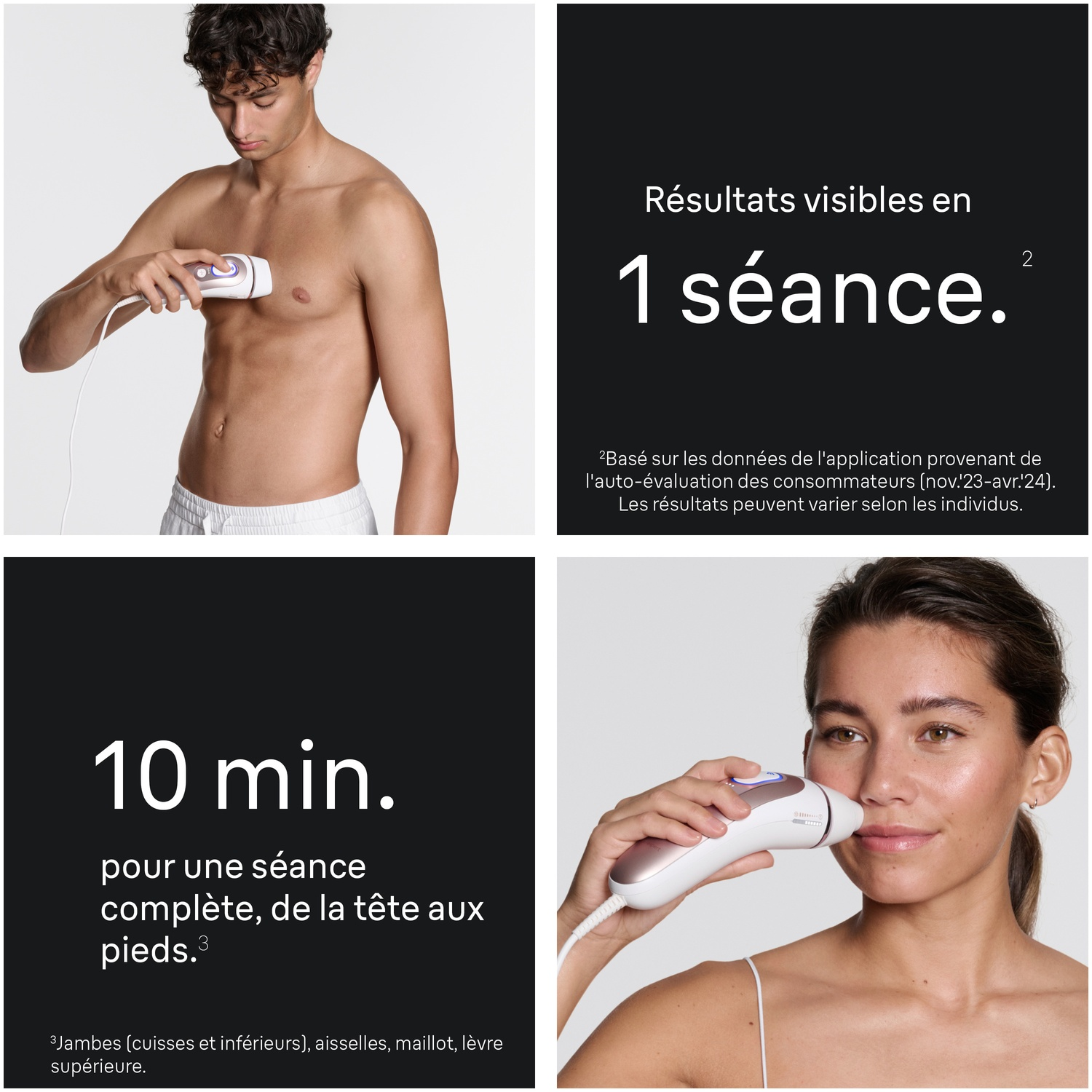 Homme utilisant un appareil IPL sur la poitrine. Femme utilisant un appareil IPL sur le visage. Texte : '10 min. pour une séance complète'
