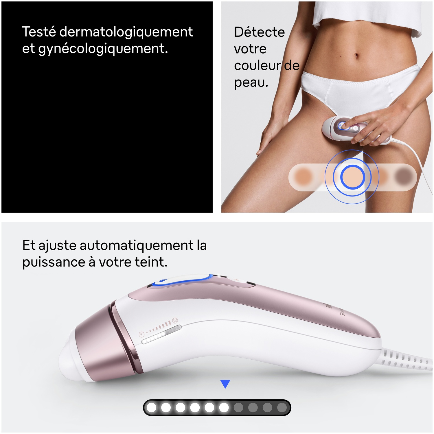 Un appareil IPL est utilisé sur la peau, détectant le teint et ajustant l'intensité.