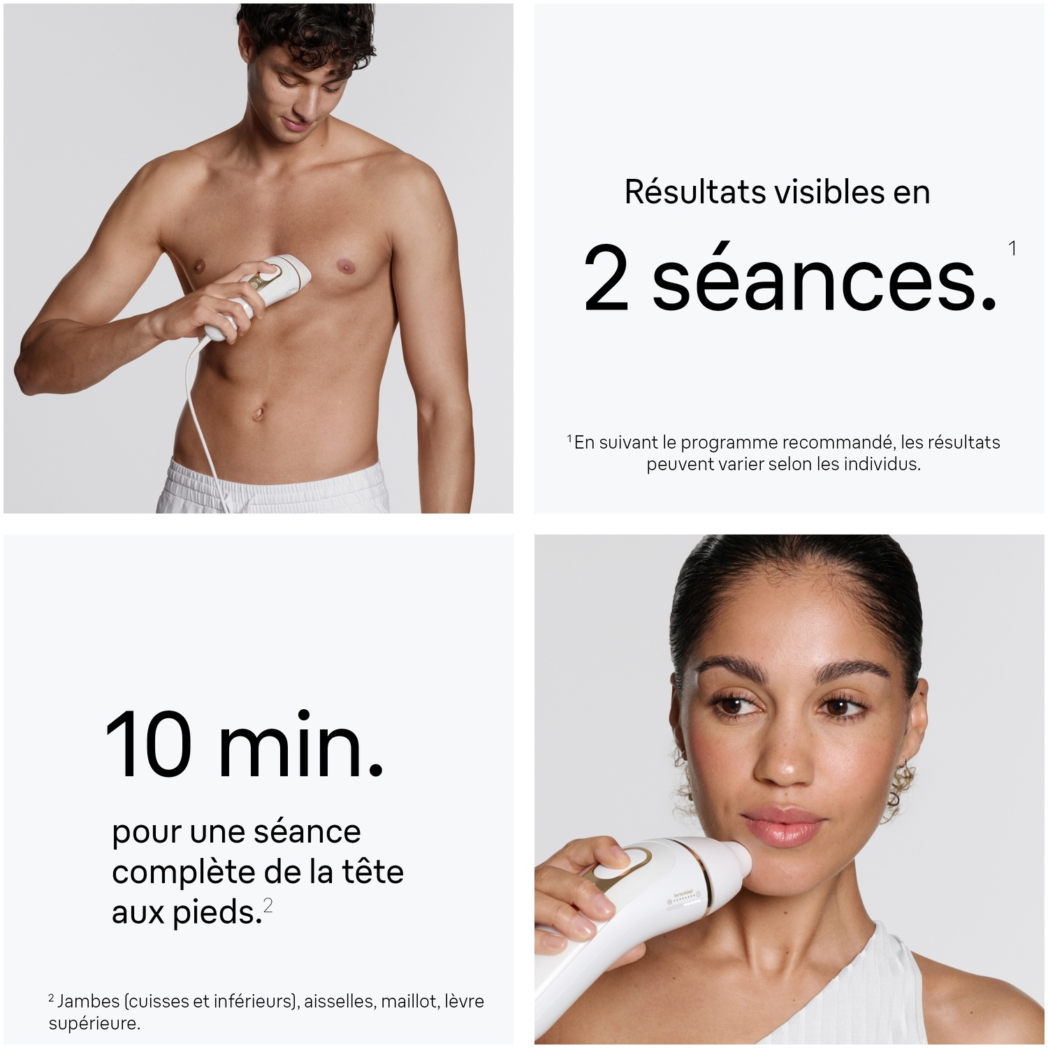 Homme utilise épilateur sur poitrine; femme utilise appareil sur visage.