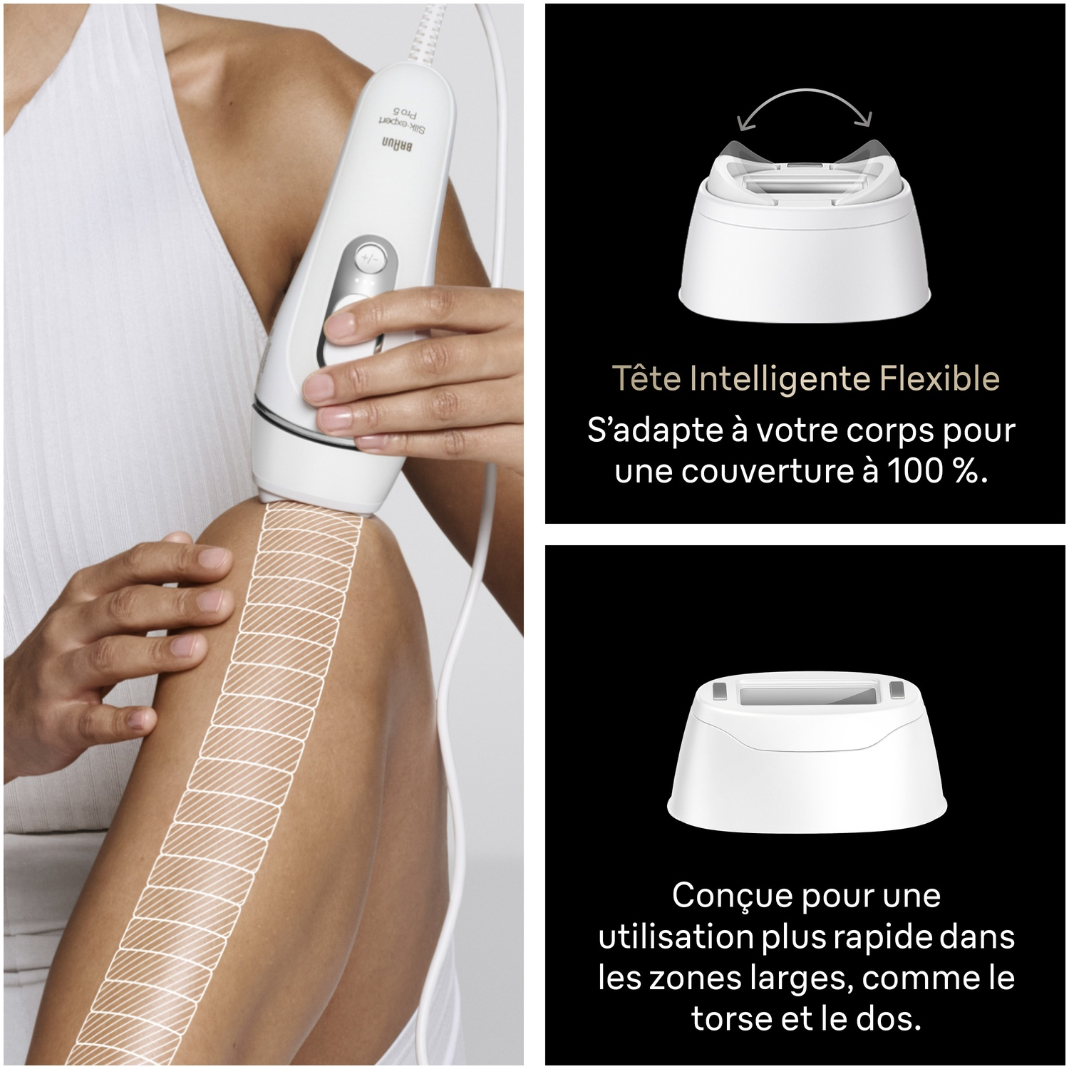 Une partie du corps avec un épilateur glissant sur une zone de jambe.