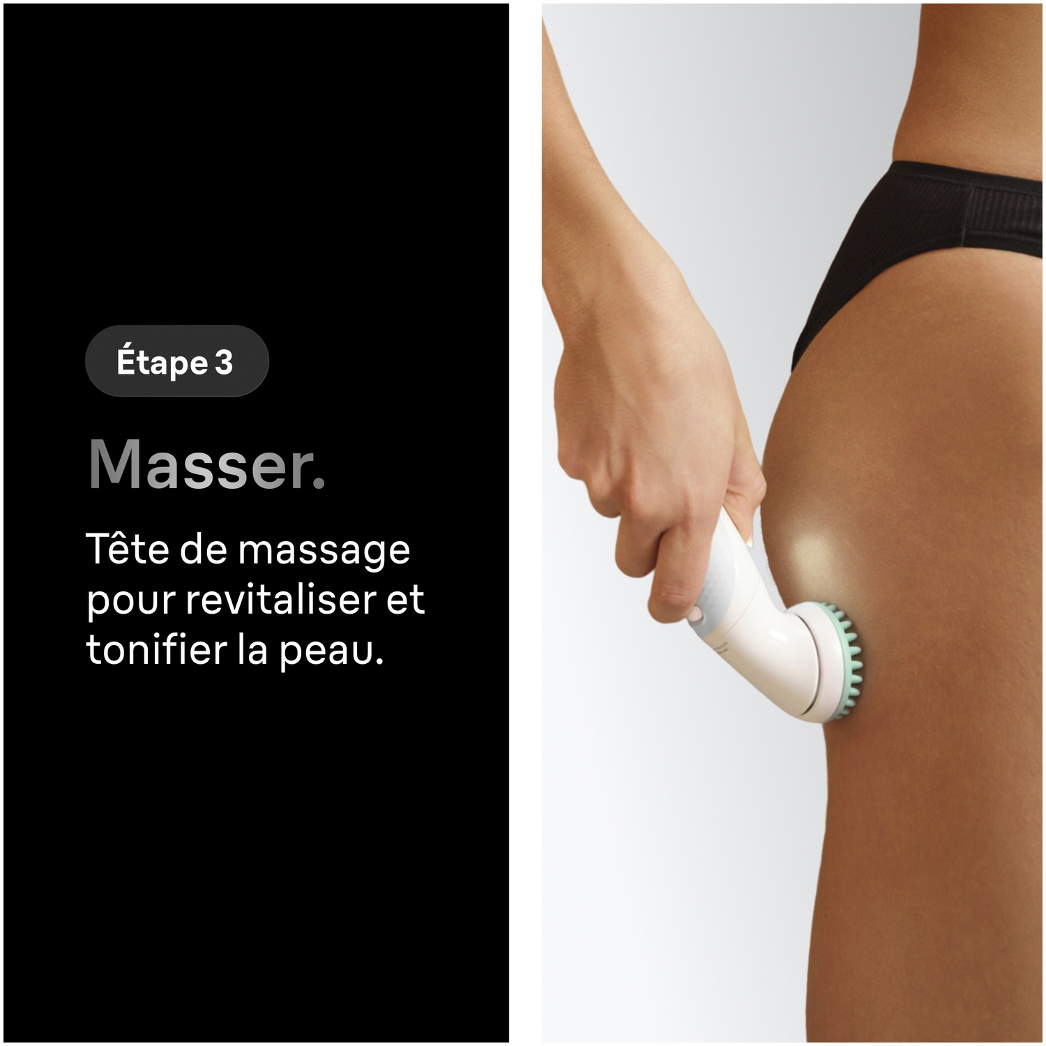 Une main utilise un appareil de massage sur une cuisse.
