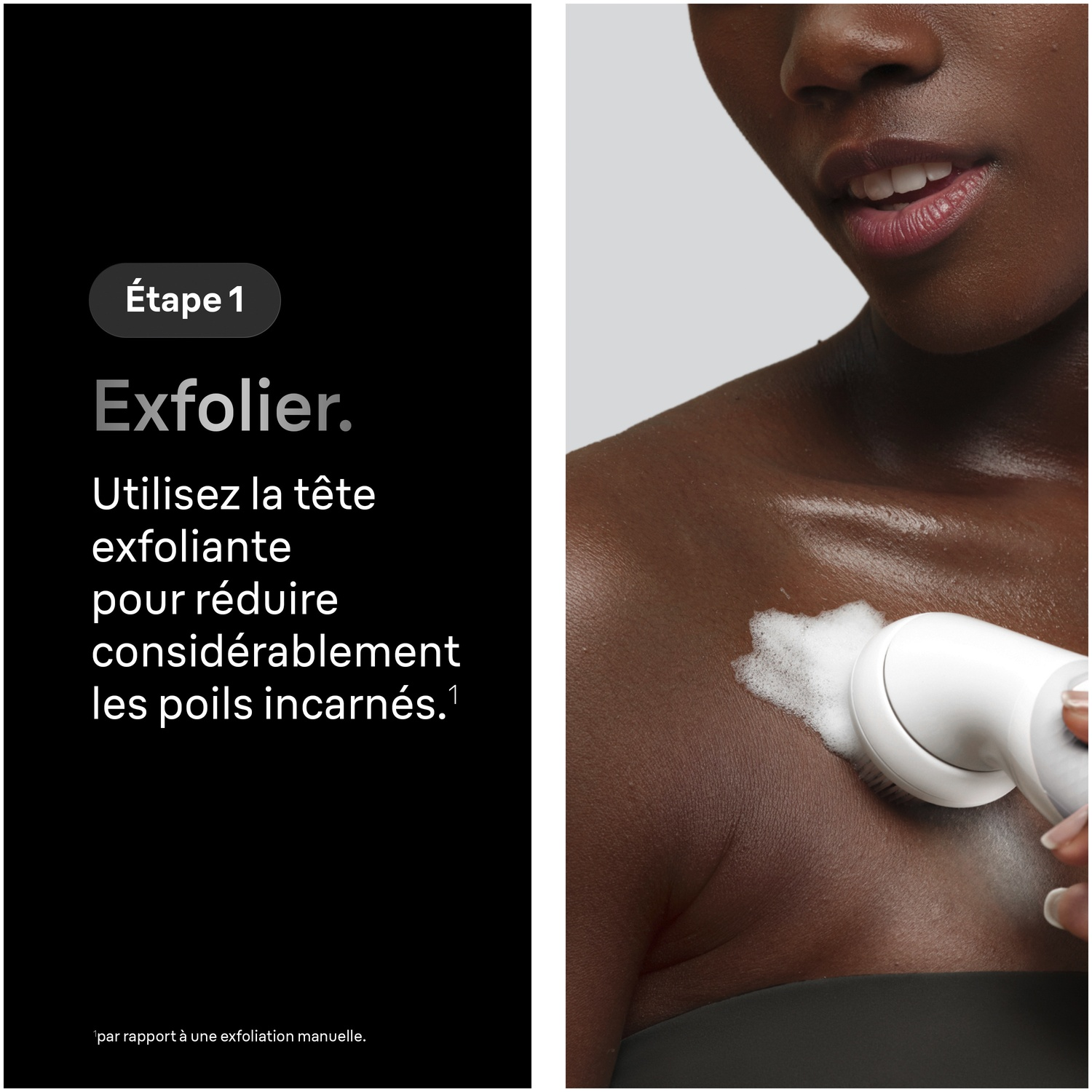 Une personne utilise une brosse exfoliante électrique blanche sur peau foncée.