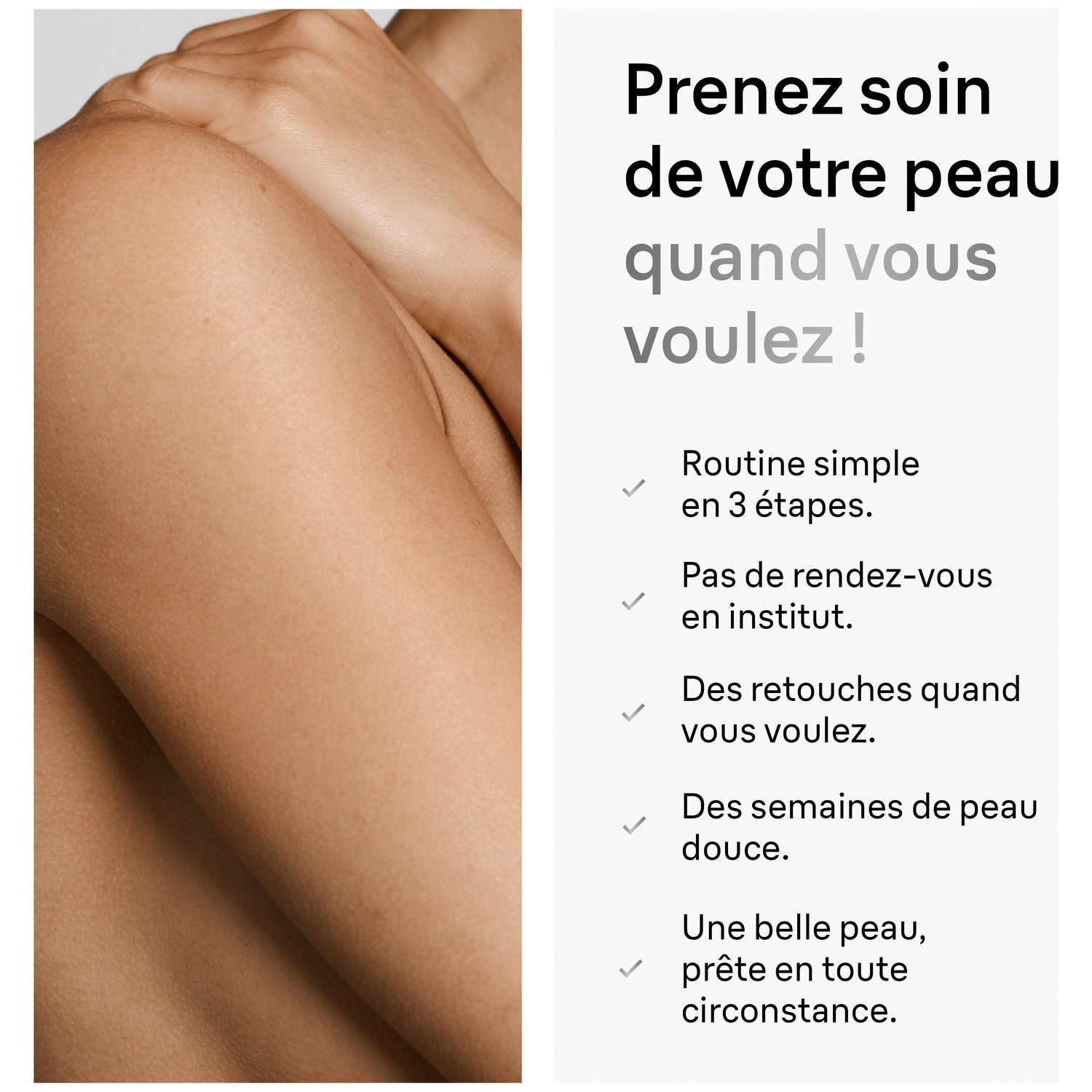 Gros plan sur la peau et l'épaule, texte sur les soins de la peau.