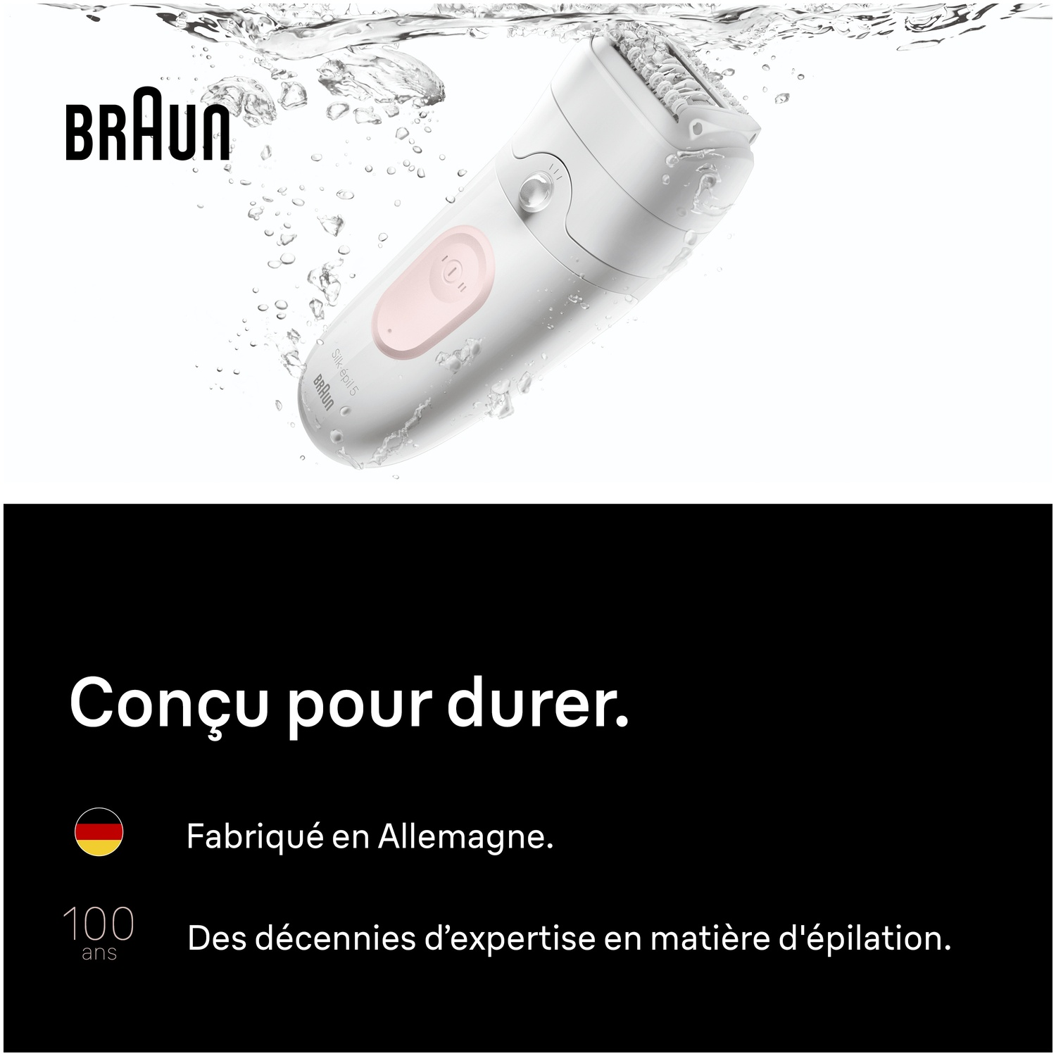 Épilateur Braun Silk-épil 5 immergé dans l'eau. Fabriqué en Allemagne.
