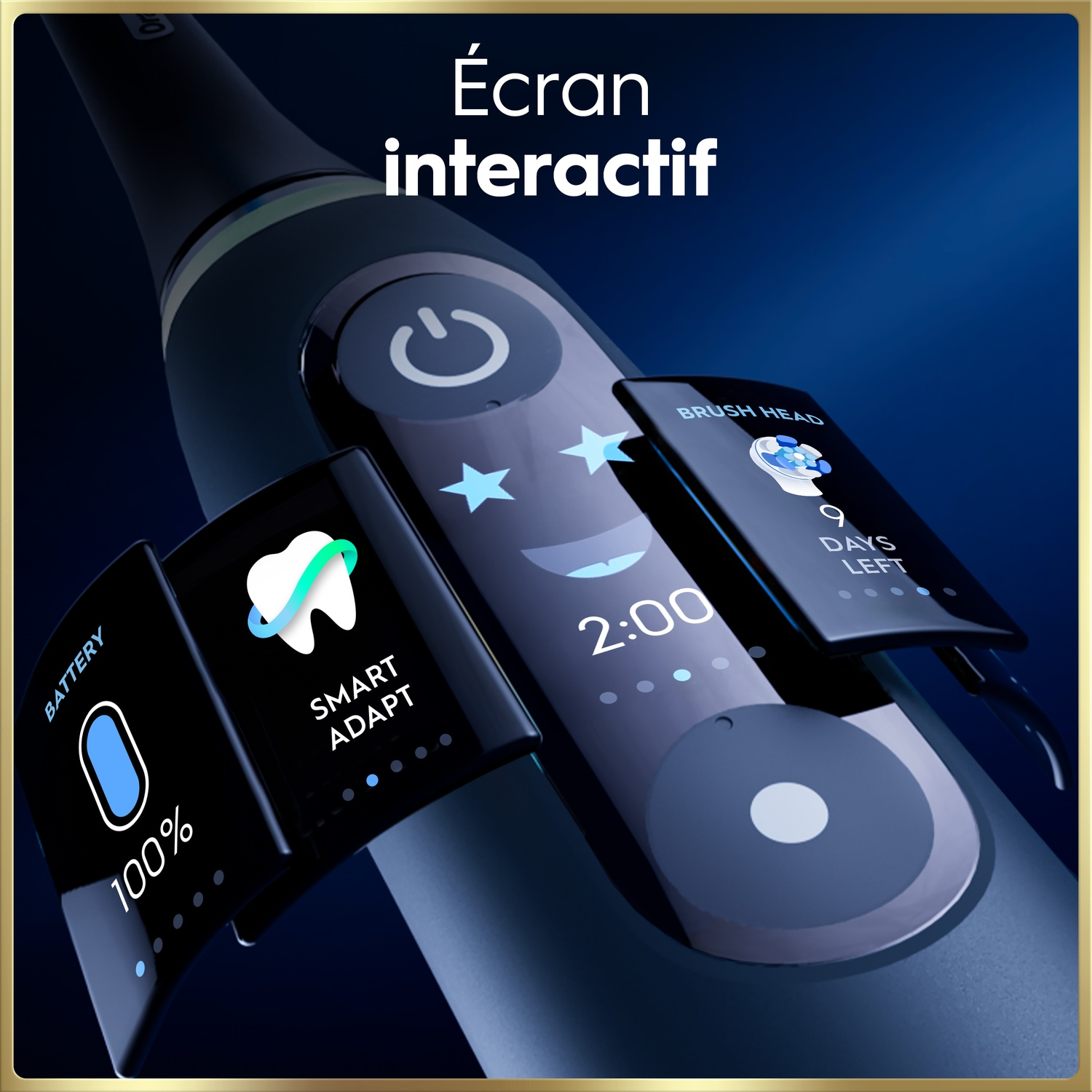 Brosse à dents électrique avec écran interactif affichant batterie, minuterie et tête de brosse.