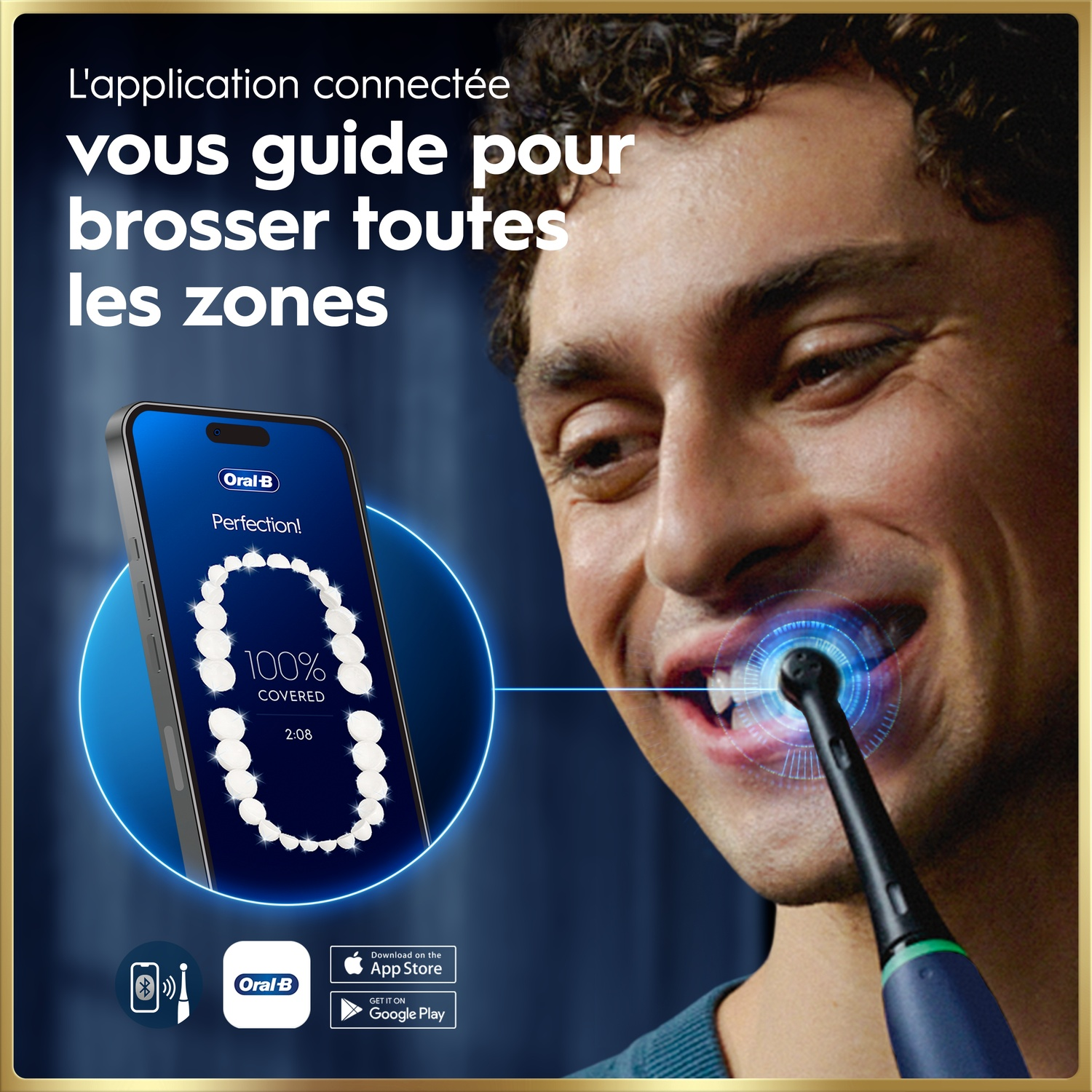 Homme utilise l'app Oral-B et brosse à dents électrique pour 100% de couverture.