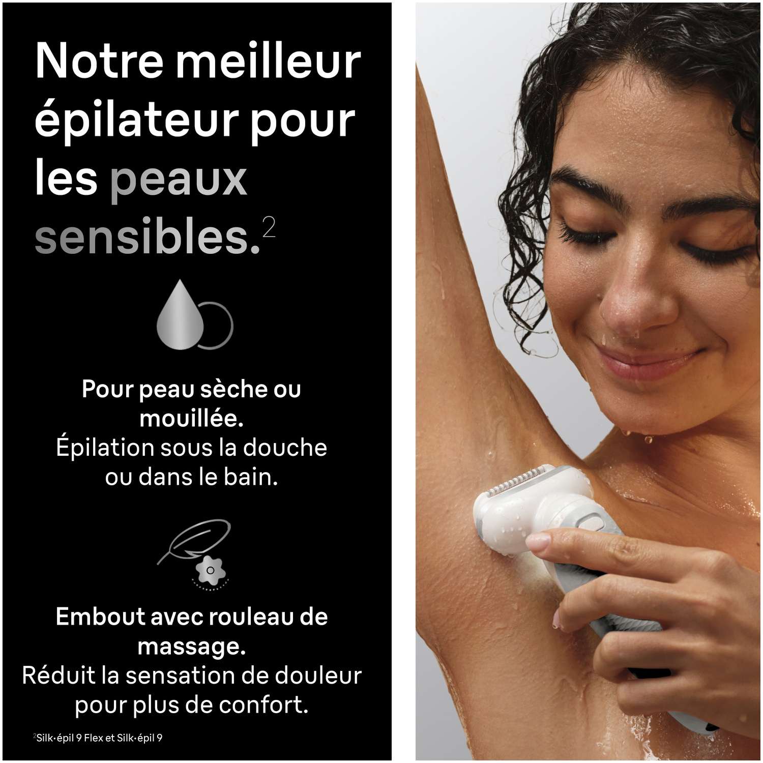 Une femme utilise un épilateur sous la douche, avec icône goutte et texte.