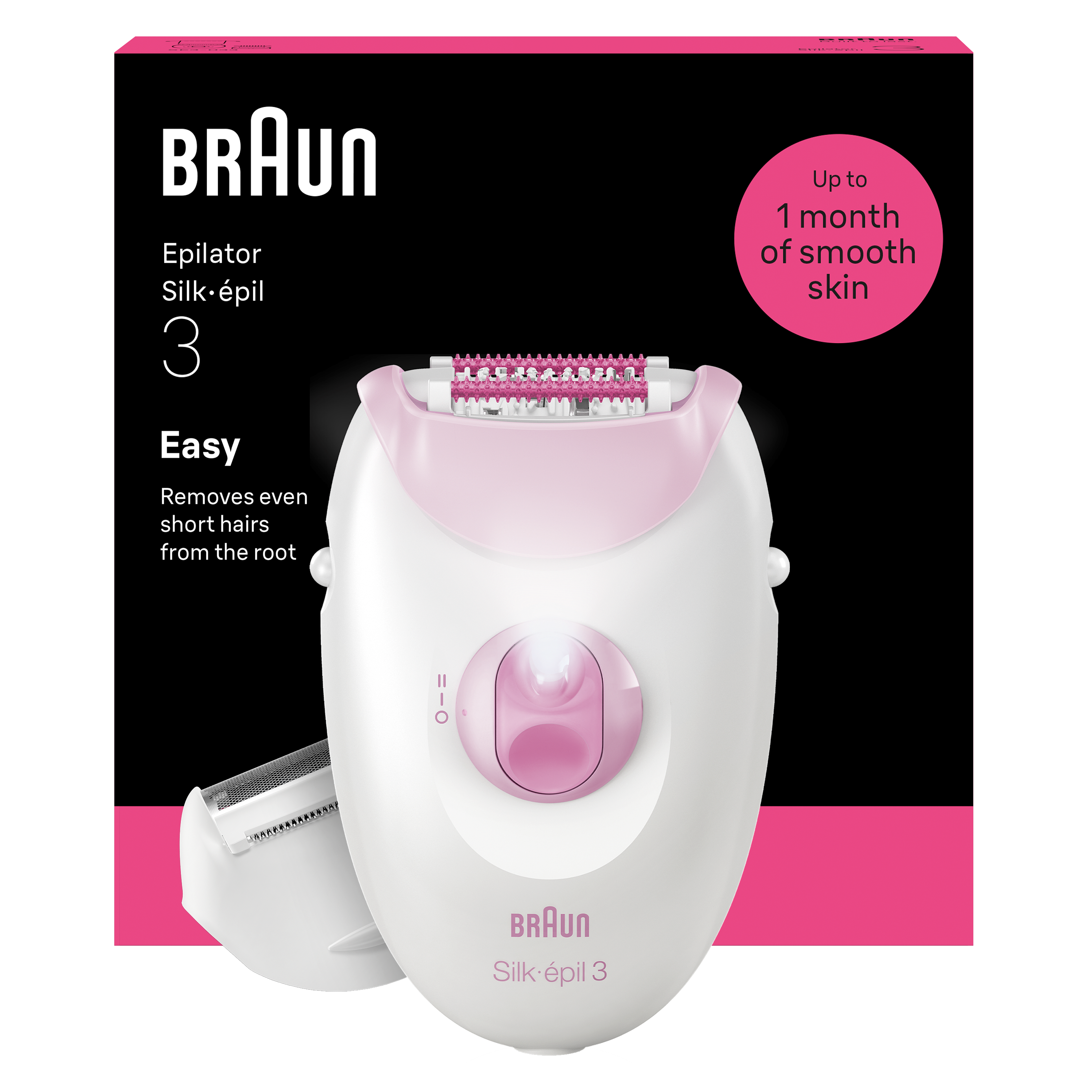 Biała depilator Braun Silk-épil 3 z różowymi akcentami na czarnym tle.