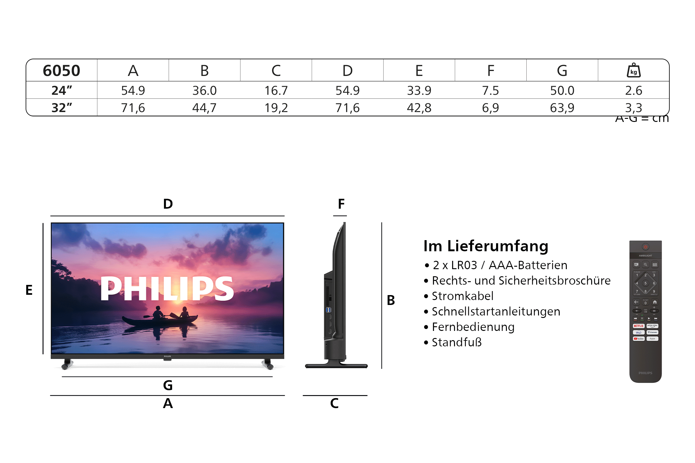 Tabelle mit TV-Maßen und Gewichten; TV-Frontansicht mit Landschaftsbild; Seitenansicht; Lieferumfang mit Fernbedienung.