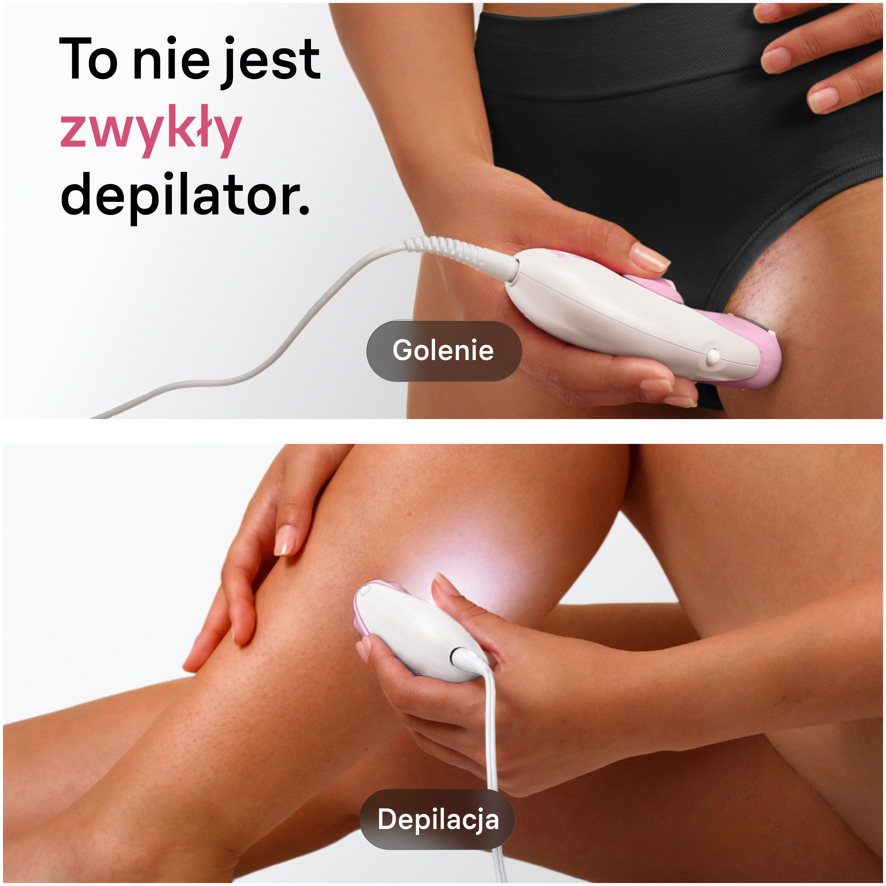 Kobieta goli bikini i nogę depilatorem.