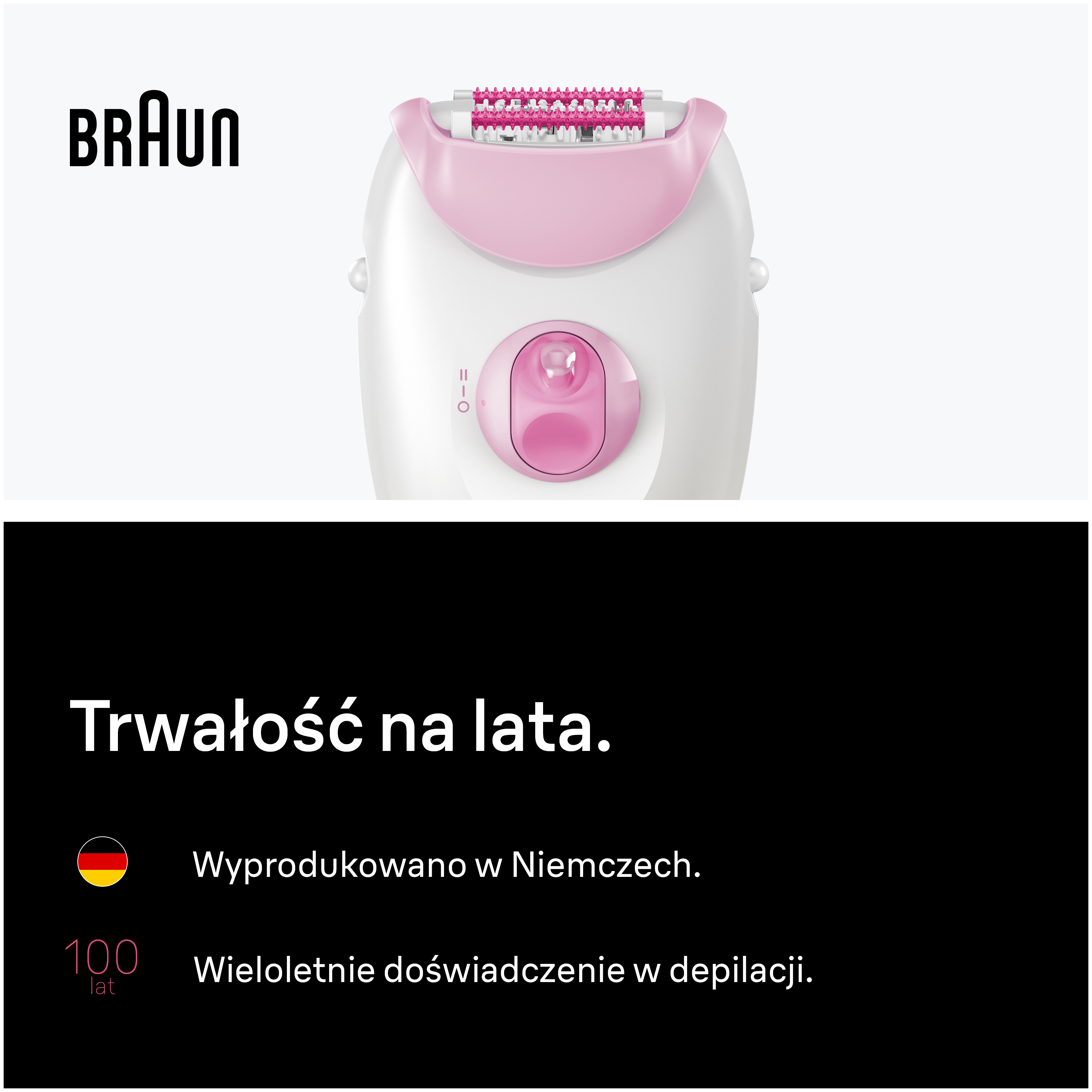 Depilator Braun: Wyprodukowano w Niemczech, 100 lat doświadczenia.