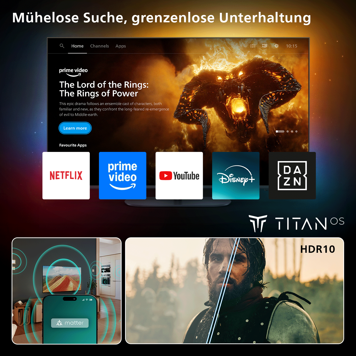 Ein Smart-TV-Menü mit Apps wie Netflix, Prime Video und YouTube. Unten sind Handy- und HDR10-Bilder.