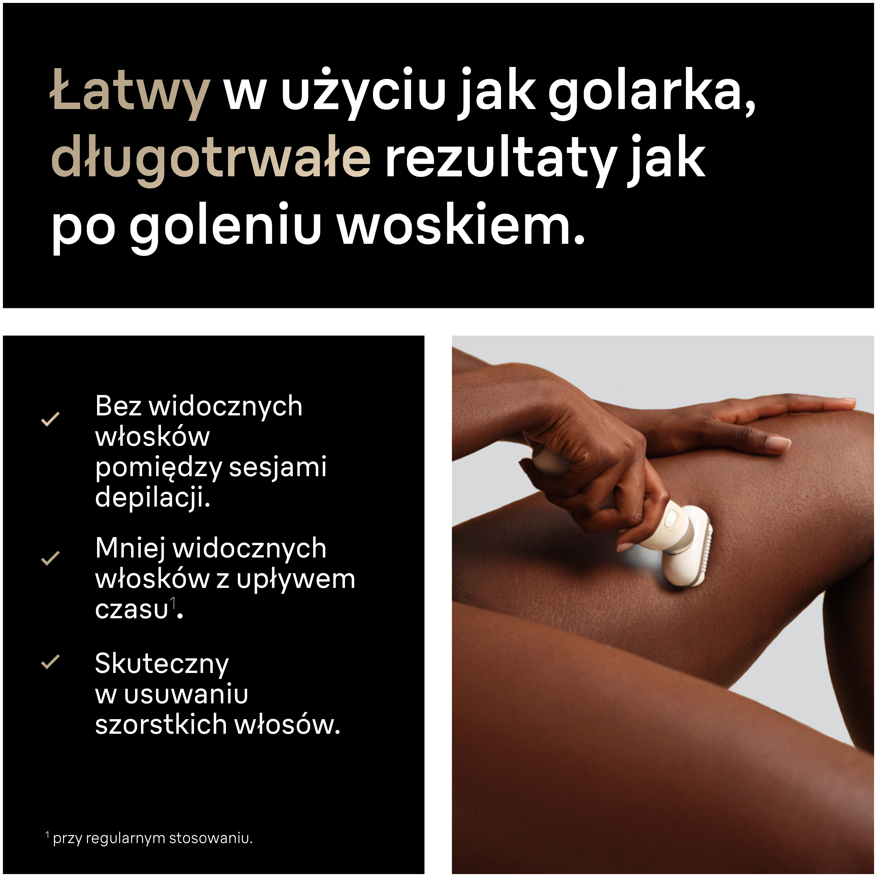 Dłoń używa depilatora na nodze osoby.