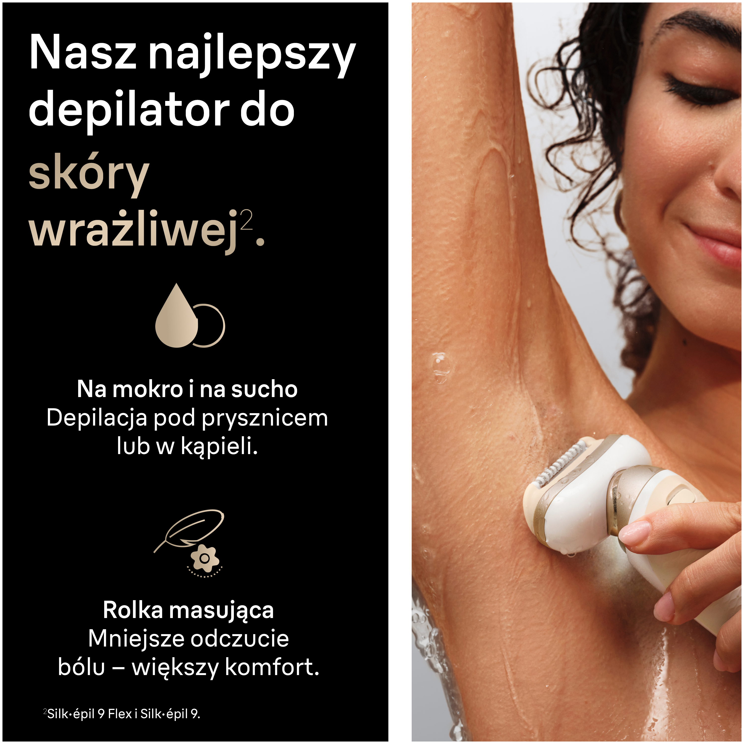 Kobieta używa depilatora pod pachą. Tekst po polsku.
