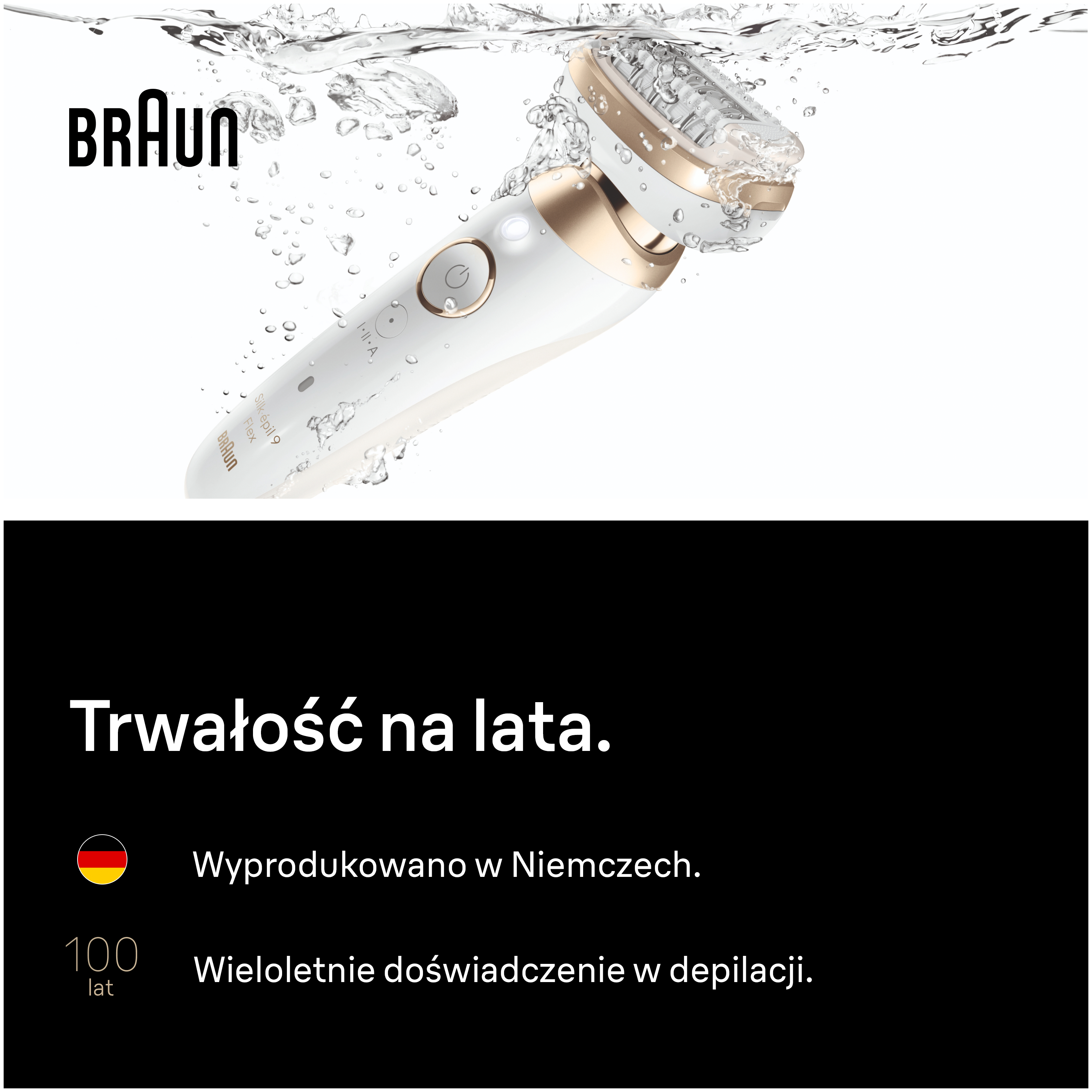 Depilator Braun pokazany w wodzie. Tekst o trwałości.