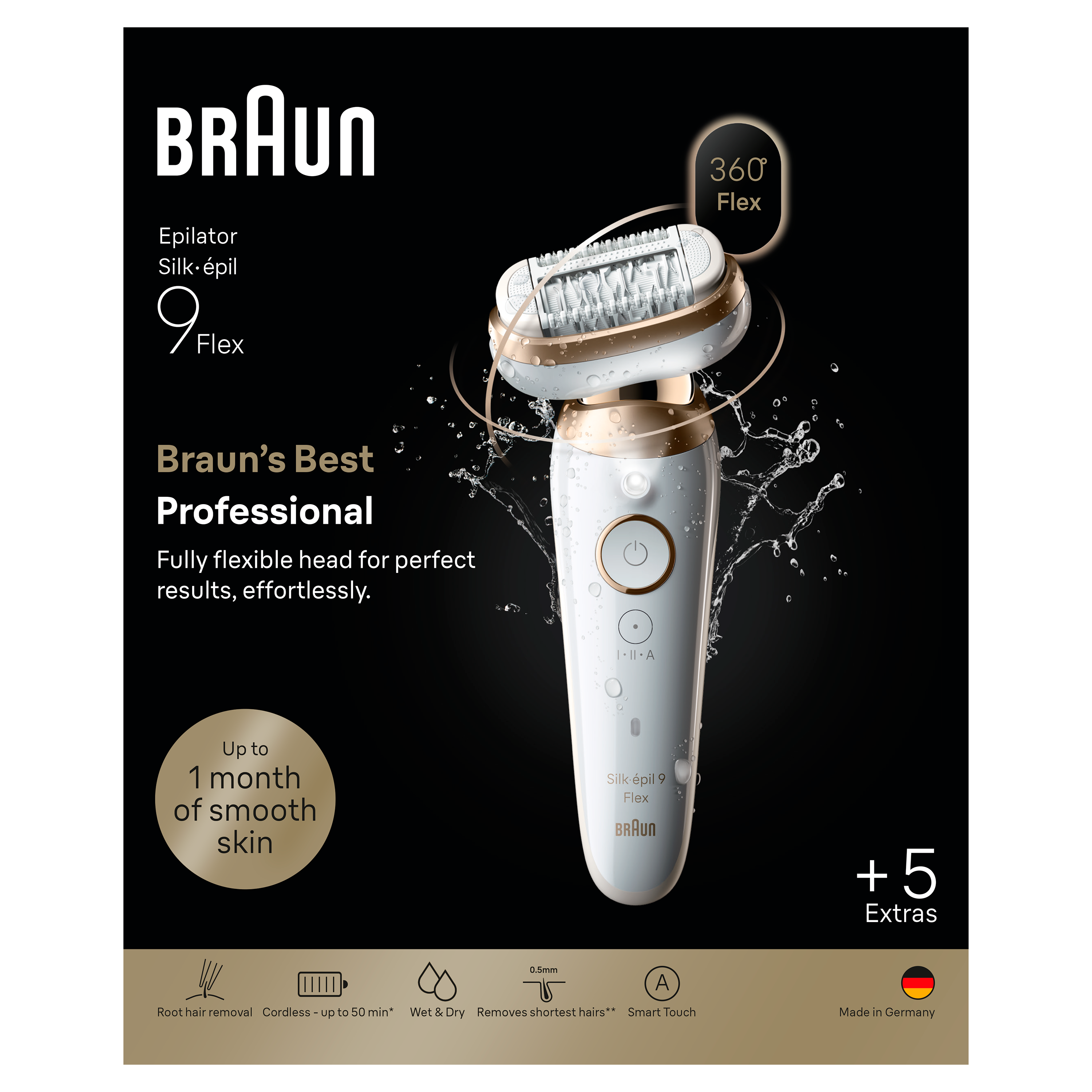 Biały depilator Braun Silk-épil 9 Flex ze złotymi akcentami, pokazany z rozpryskami wody.
