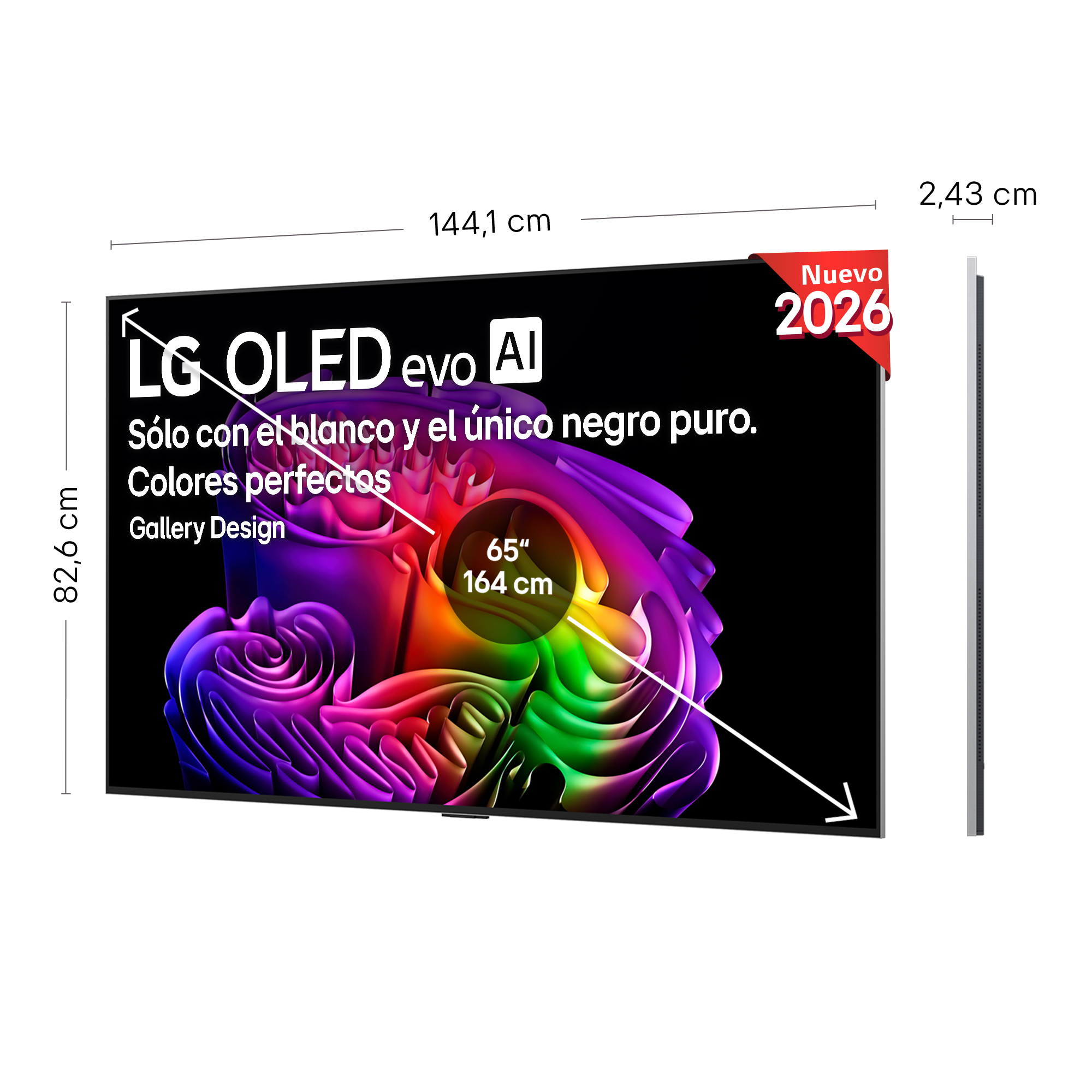 TV LG OLED evo con 144,1 cm ancho, 82,6 cm alto, 2,43 cm fondo.