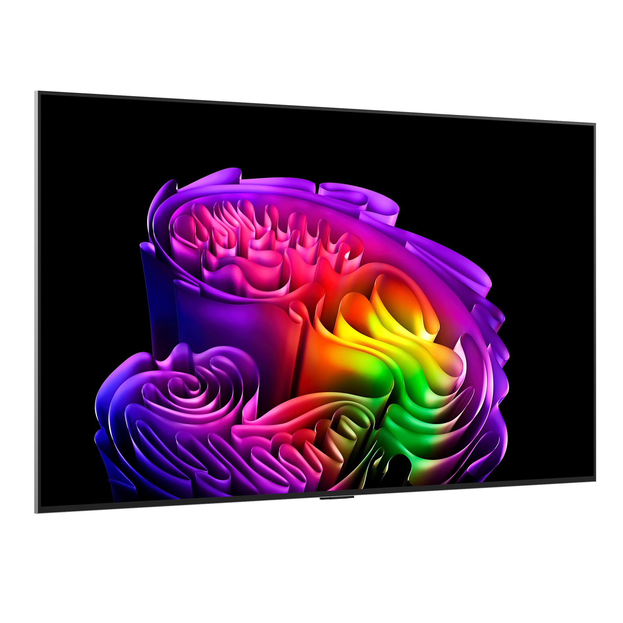 Remolinos abstractos de colores sobre fondo negro en una pantalla de TV moderna.