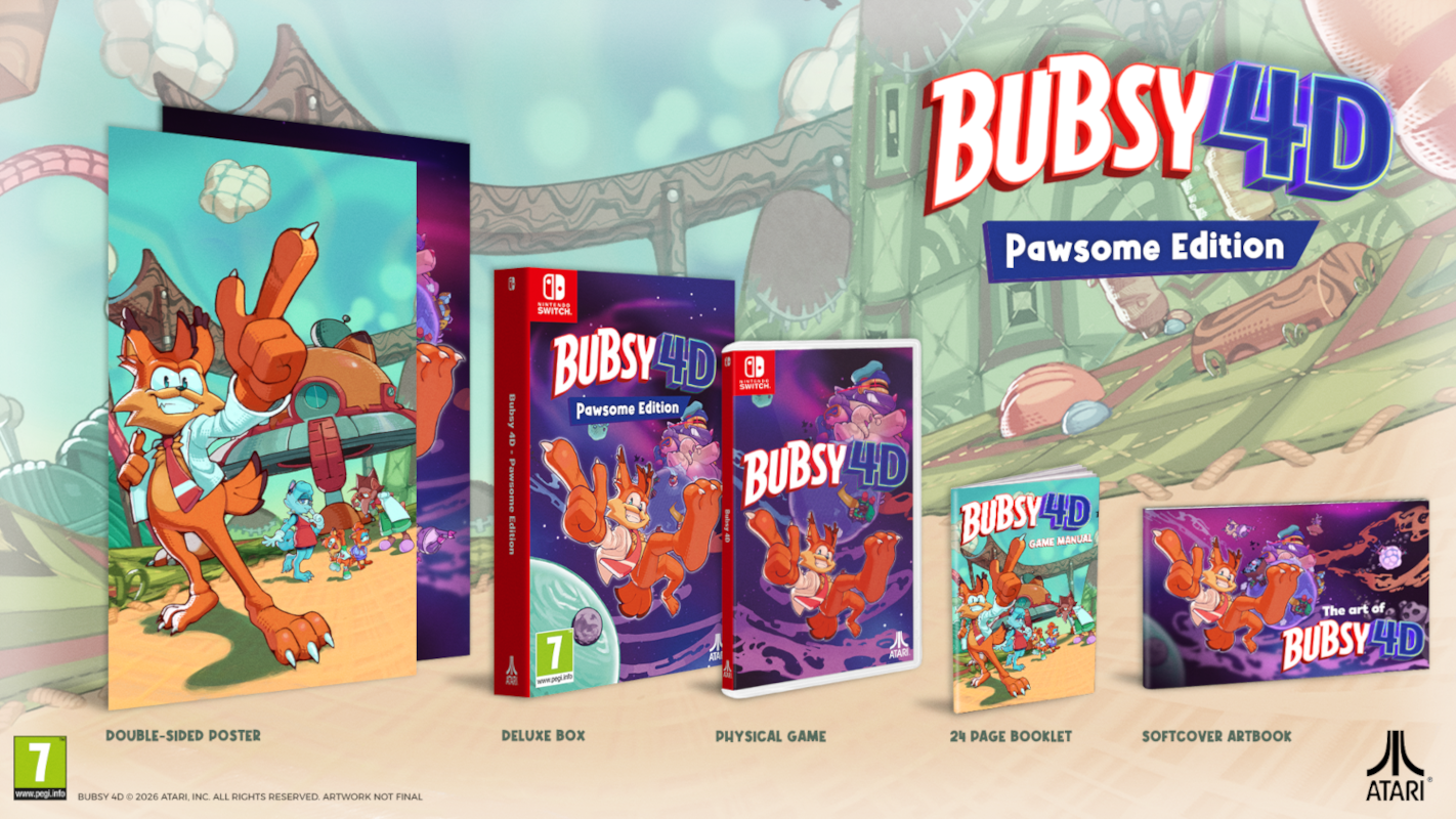 Bubsy 4D Pawsome Edition: Poszter, Deluxe doboz, Játék, Kézikönyv, Művészeti.